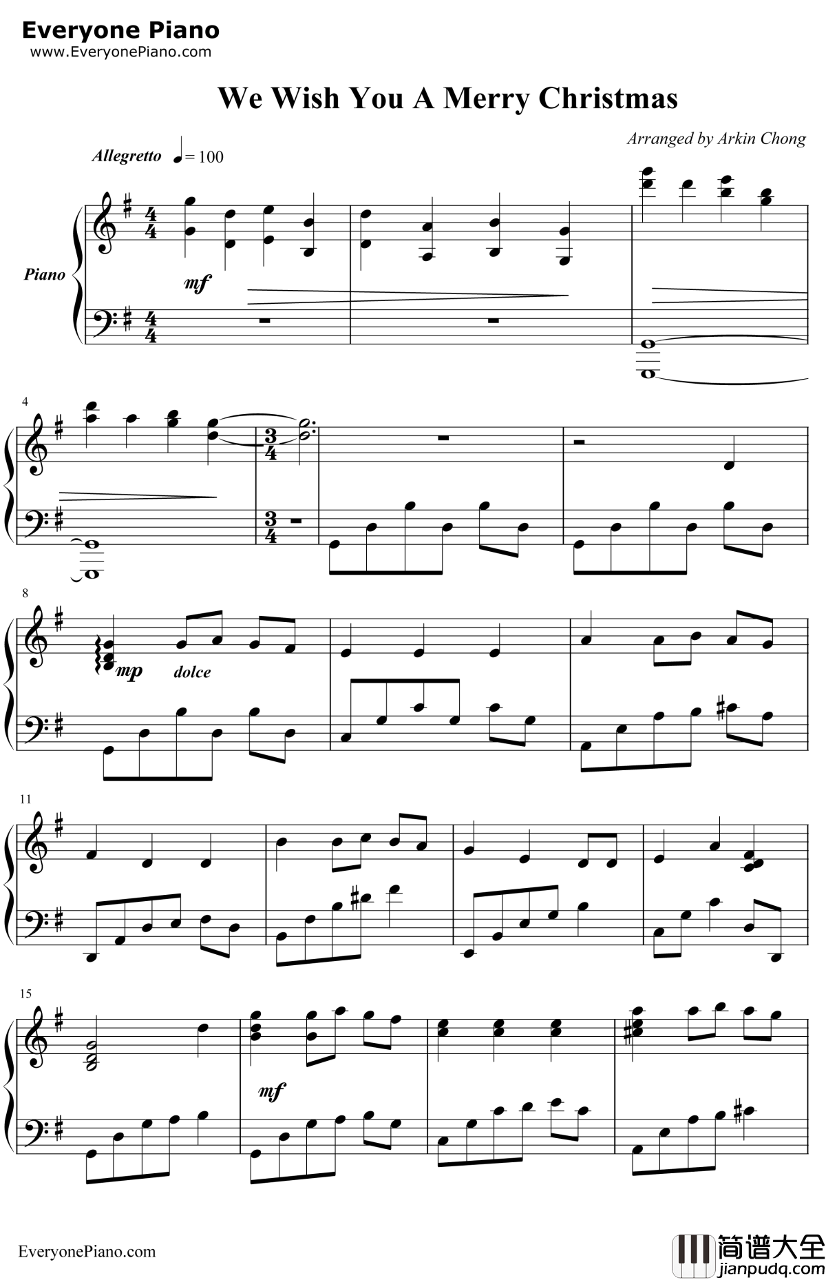 圣诞歌曲钢琴谱_英国童声合唱团_WeWishYouAMerryChristmas