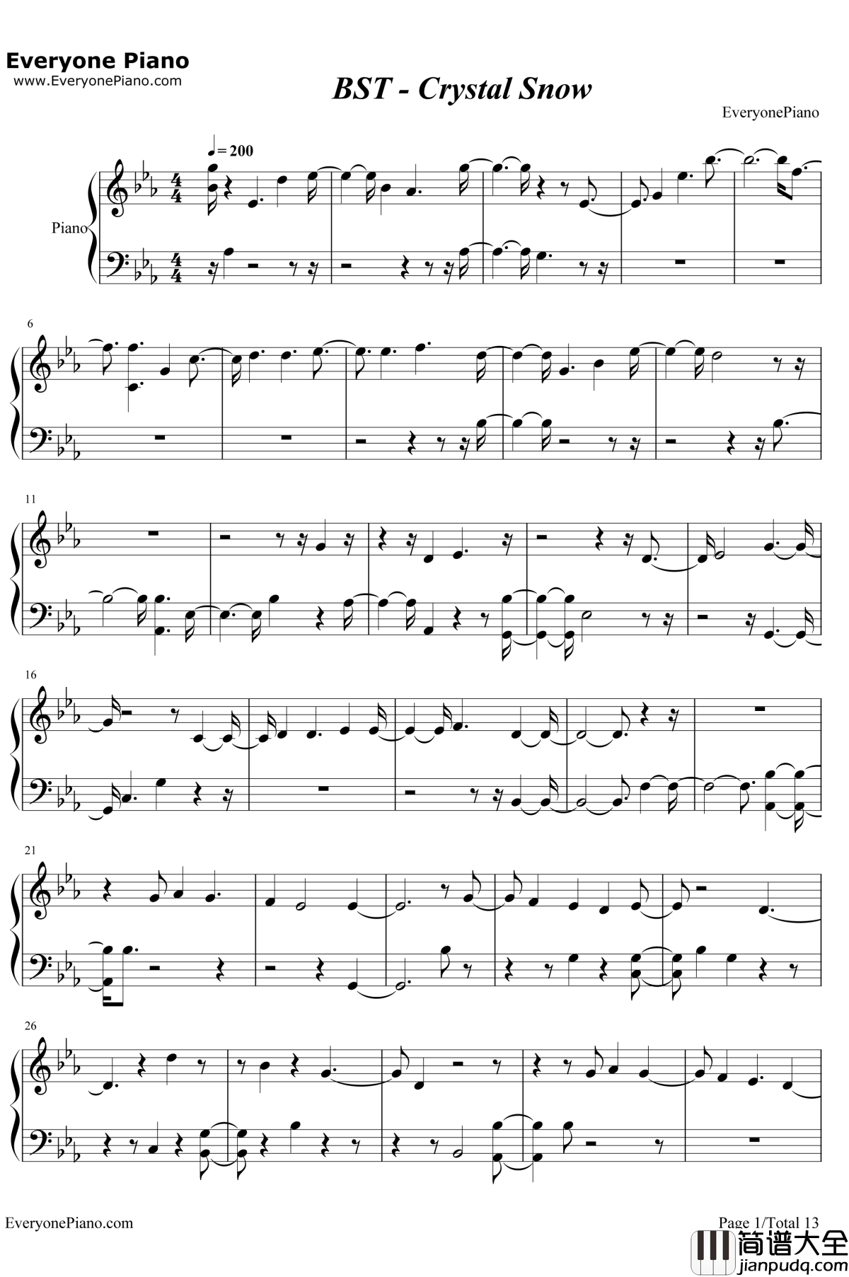 Crystal_Snow钢琴谱_防弹少年团