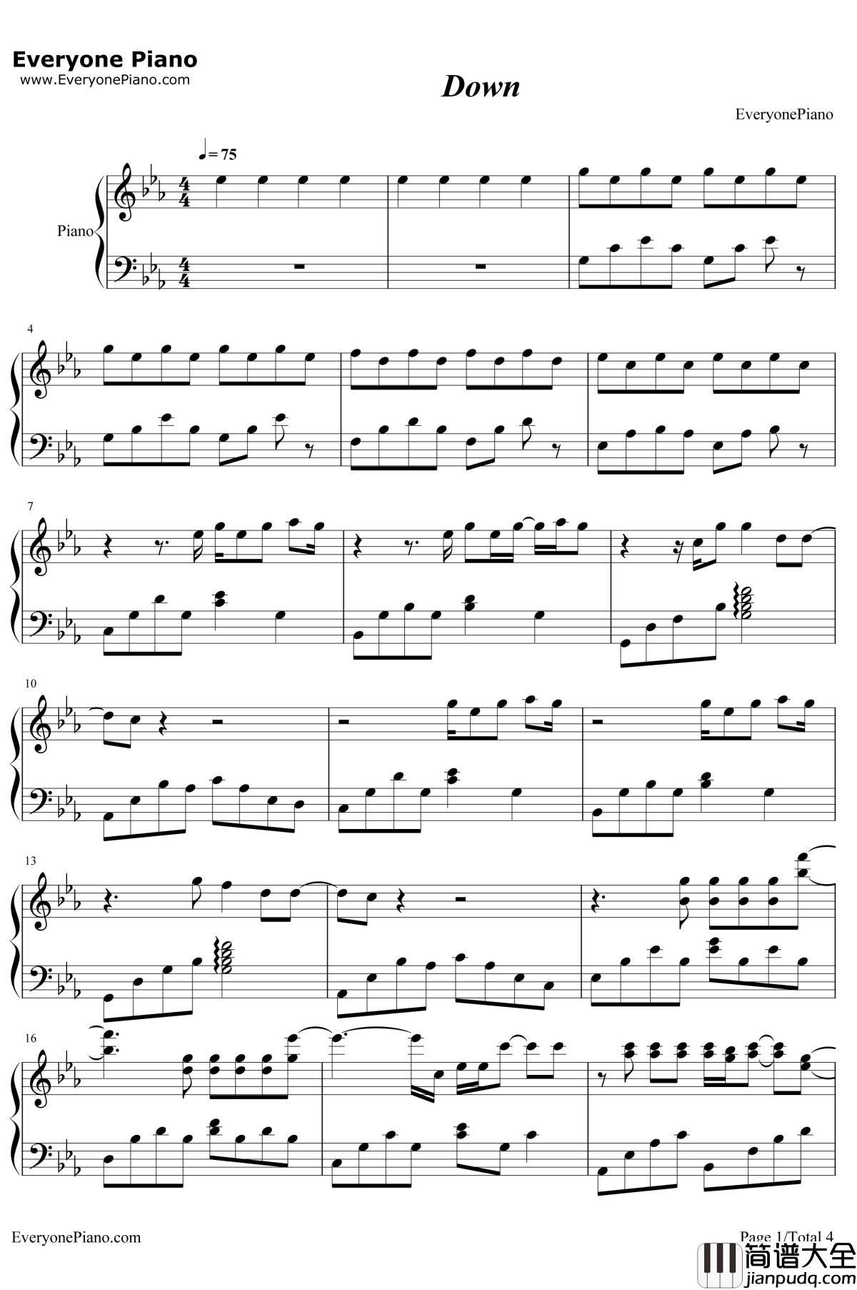 DOWN钢琴谱_杰森·沃克JasonWalker_吸血鬼日记插曲