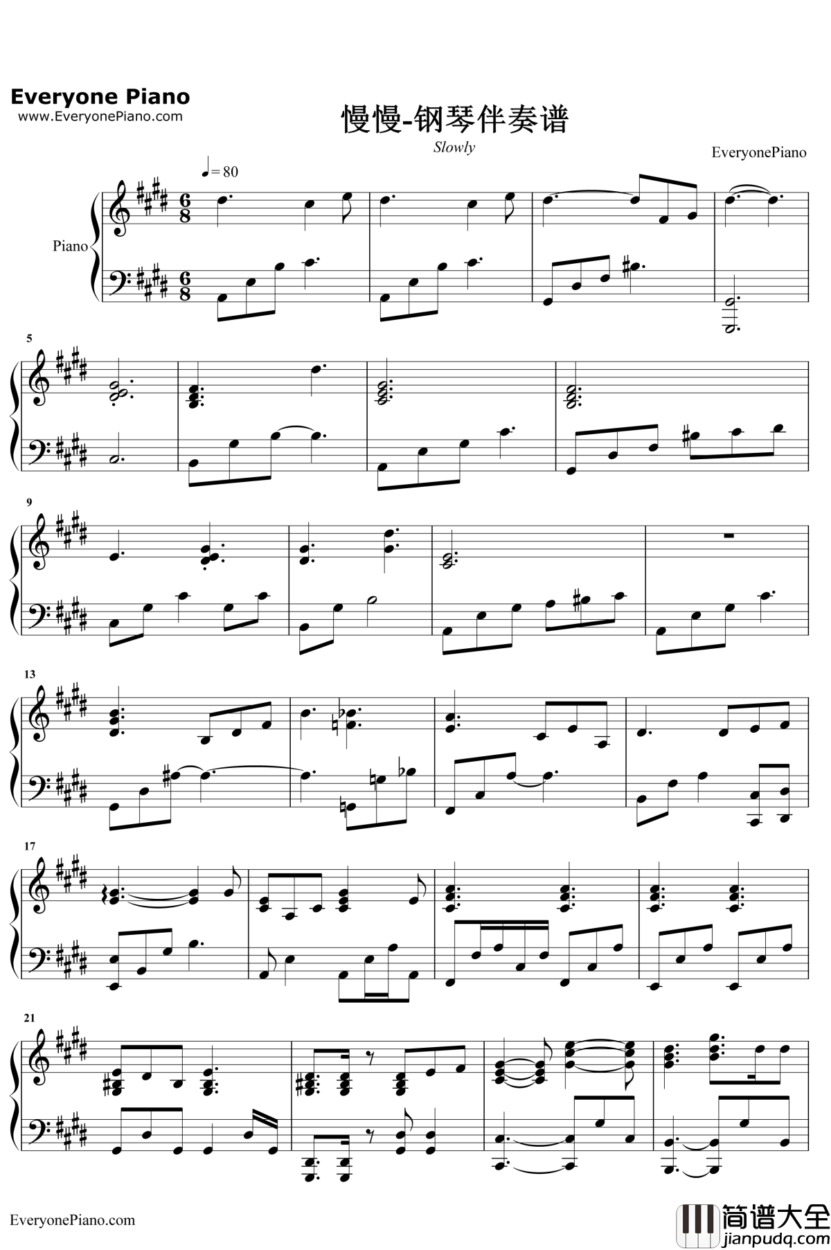 _慢慢_钢琴谱_王乃恩张学友_中国好声音王乃恩