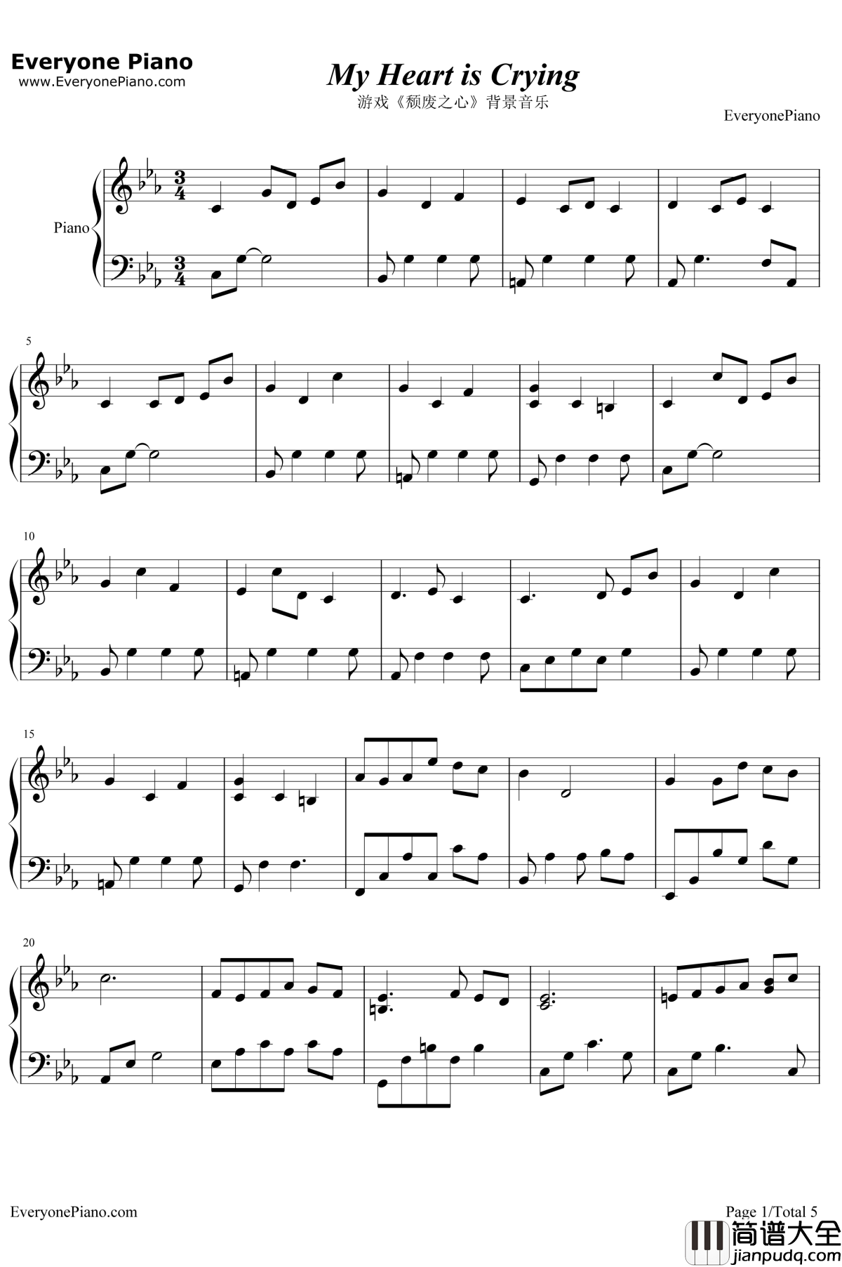 My_Heart_Is_Crying钢琴谱_StairwayGames_颓废之心背景音乐