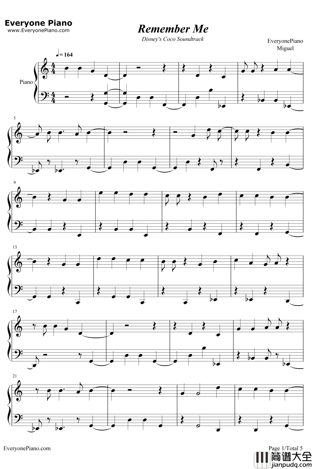 Remember_Me钢琴谱_MiguelNataliaLafourcade_寻梦环游记主题曲