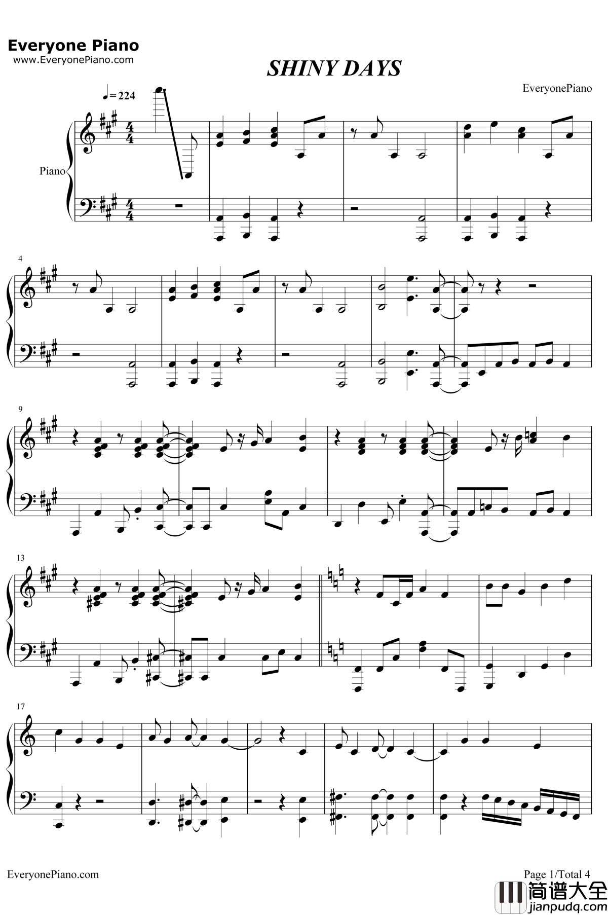 SHINY_DAYS钢琴谱_亚咲花_摇曳露营△OP