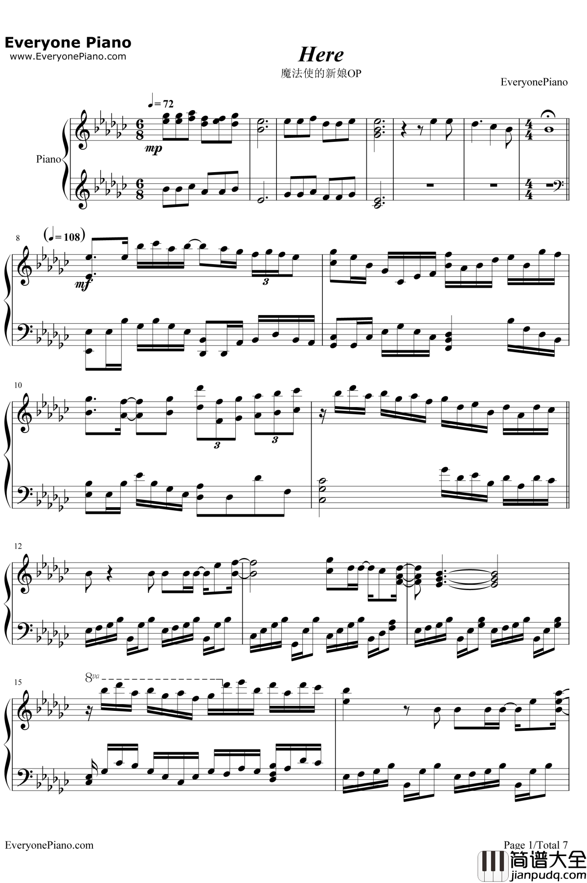 Here钢琴谱_JUNNA_魔法使的新娘OP