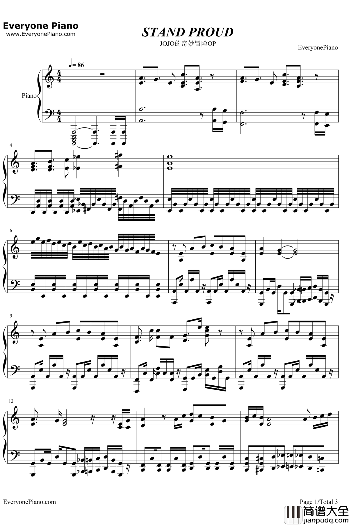 STAND_PROUD钢琴谱_桥本仁_JOJO奇妙冒险：星尘斗士OP