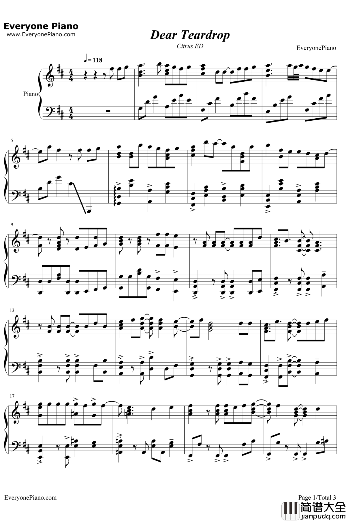 Dear_Teardrop钢琴谱_MiaREGINA_CitrusED