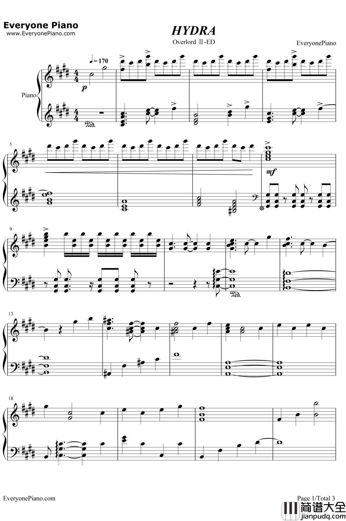 HYDRA钢琴谱_MYTH&ROID_OVERLORDⅡ片尾曲