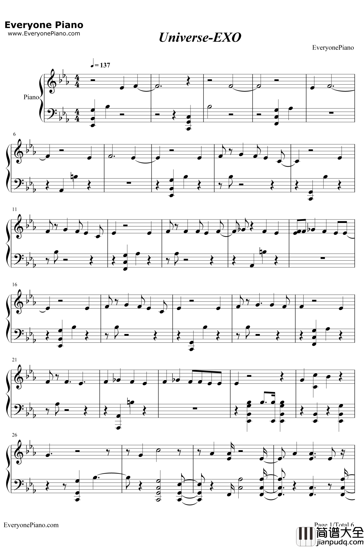 Universe钢琴谱_EXO