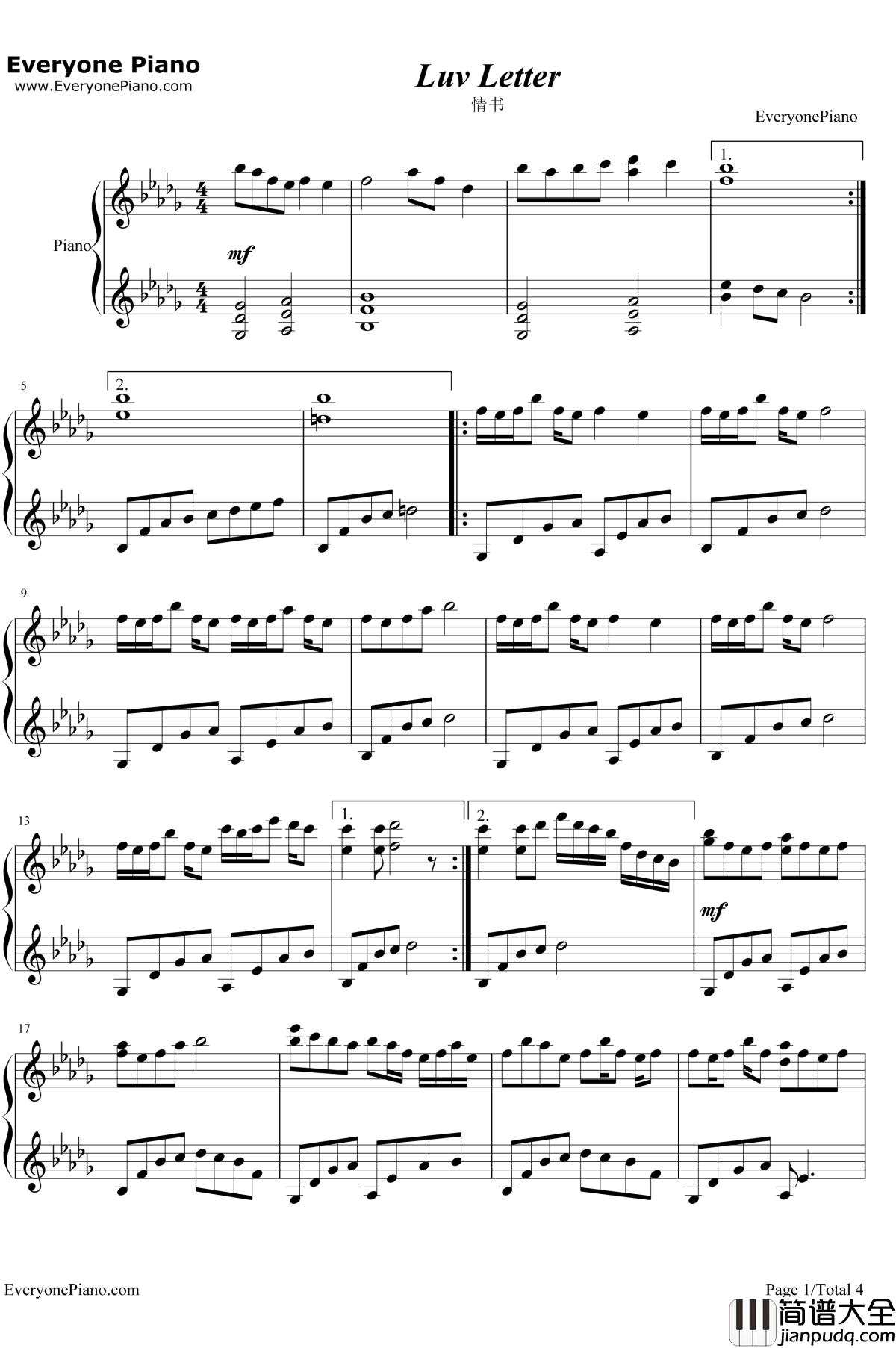 情书钢琴谱_Okawari