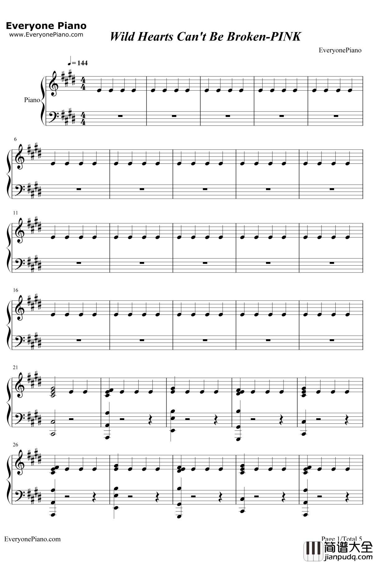 Wild_Hearts_Can't_Be_Broken钢琴谱_Pink