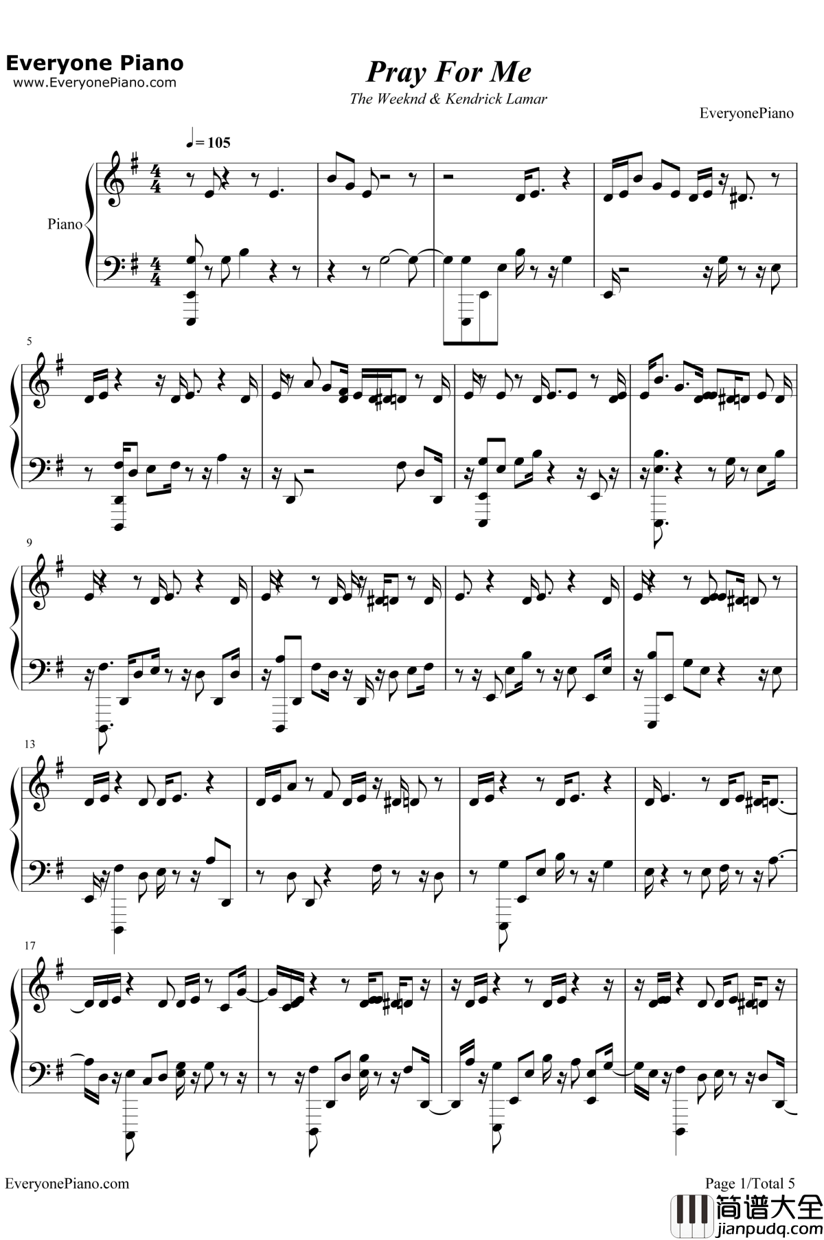 Pray_for_Me钢琴谱_The_Weeknd_/_Kendrick_Lamar