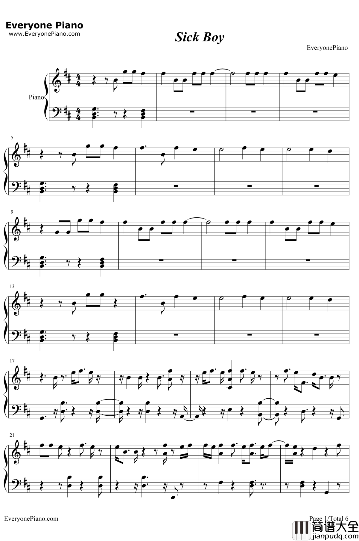 Sick_Boy钢琴谱_The_Chainsmokers