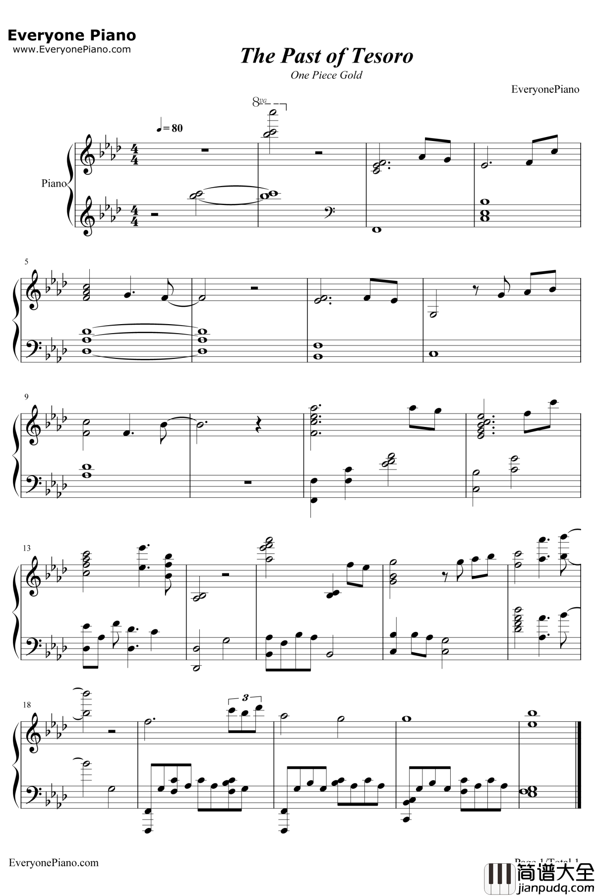 The_Past_of_Tesoro钢琴谱_林ゆうき_航海王之黄金城OST