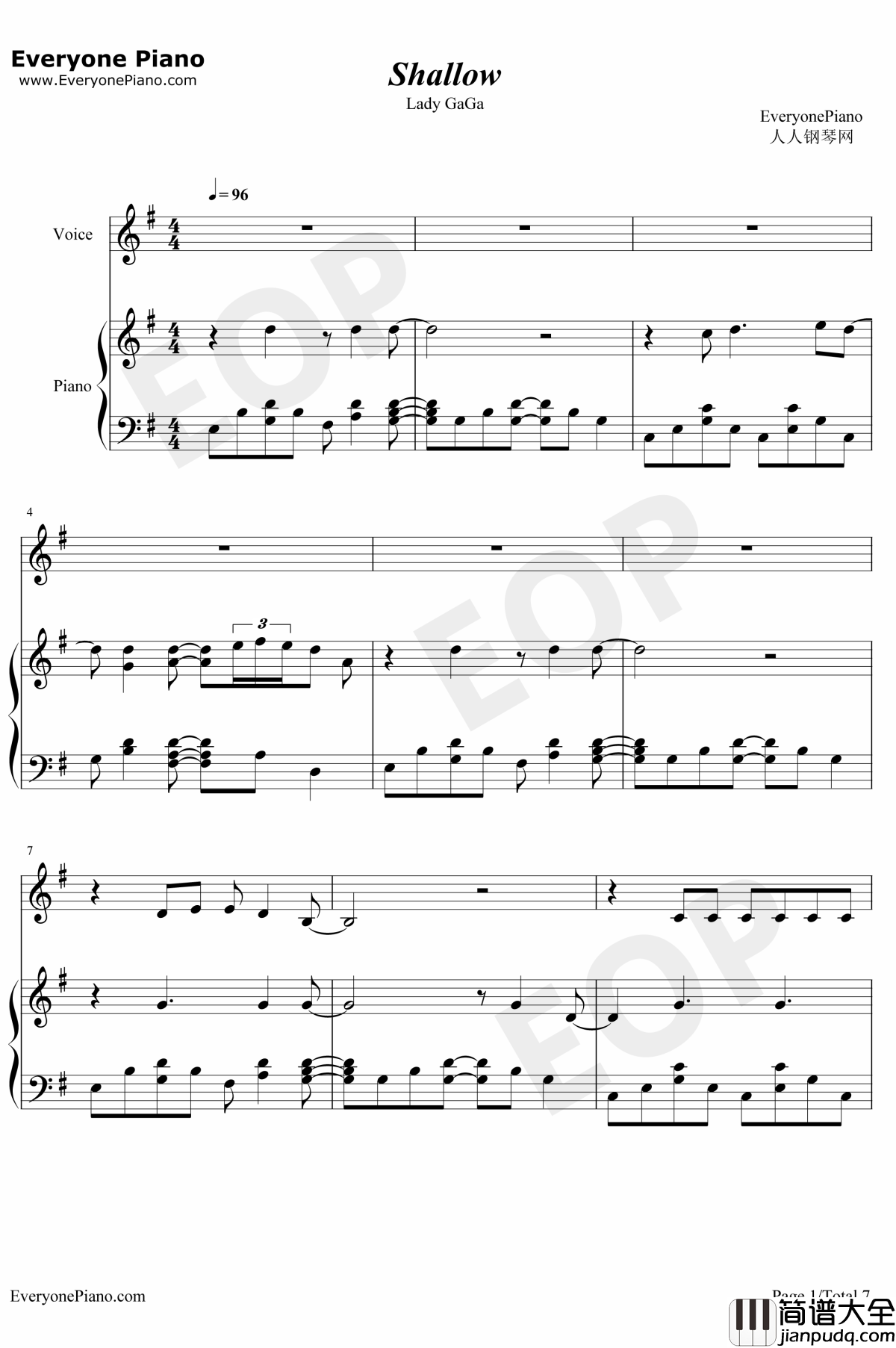 Shallow钢琴谱_LadyGagaBradleyCooper_一个明星的诞生OST