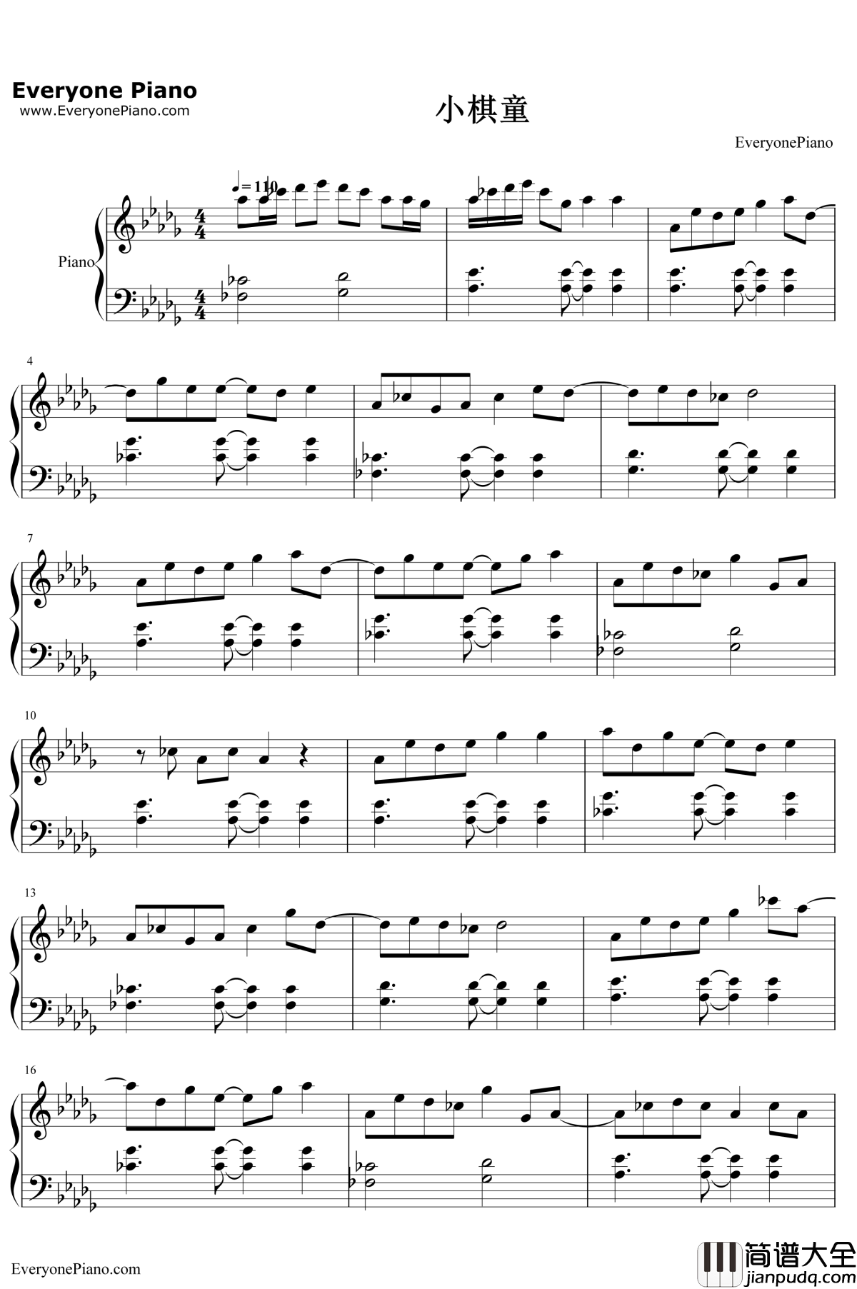 小棋童钢琴谱_双笙