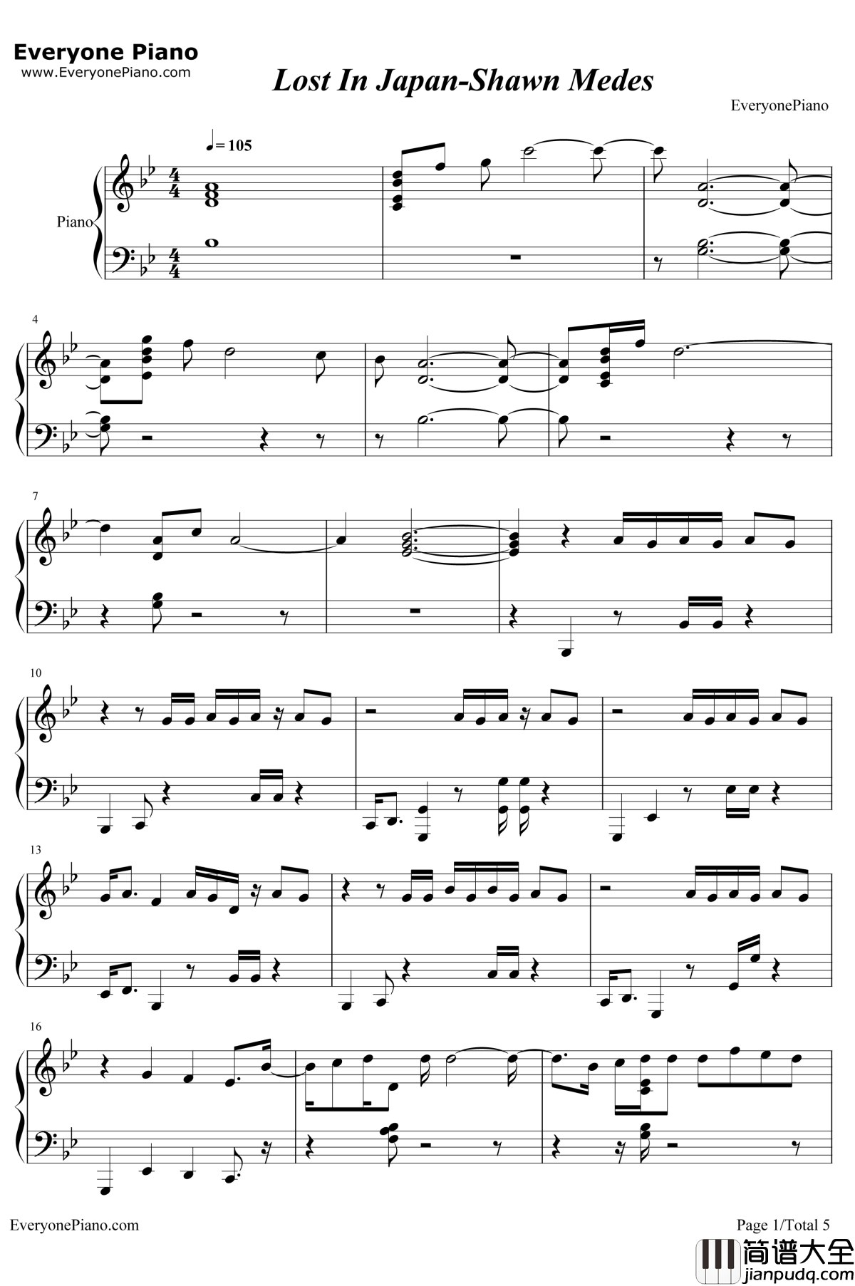 Lost_In_Japan钢琴谱_Shawn_Mendes