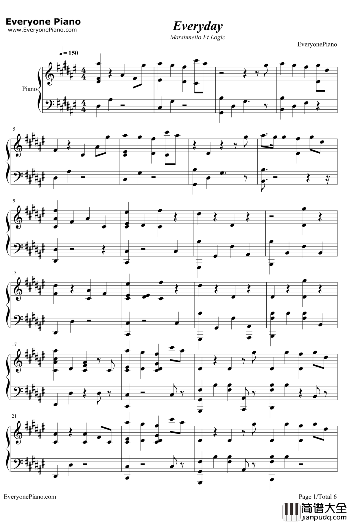 Everyday钢琴谱_Marshmello_/_Logic