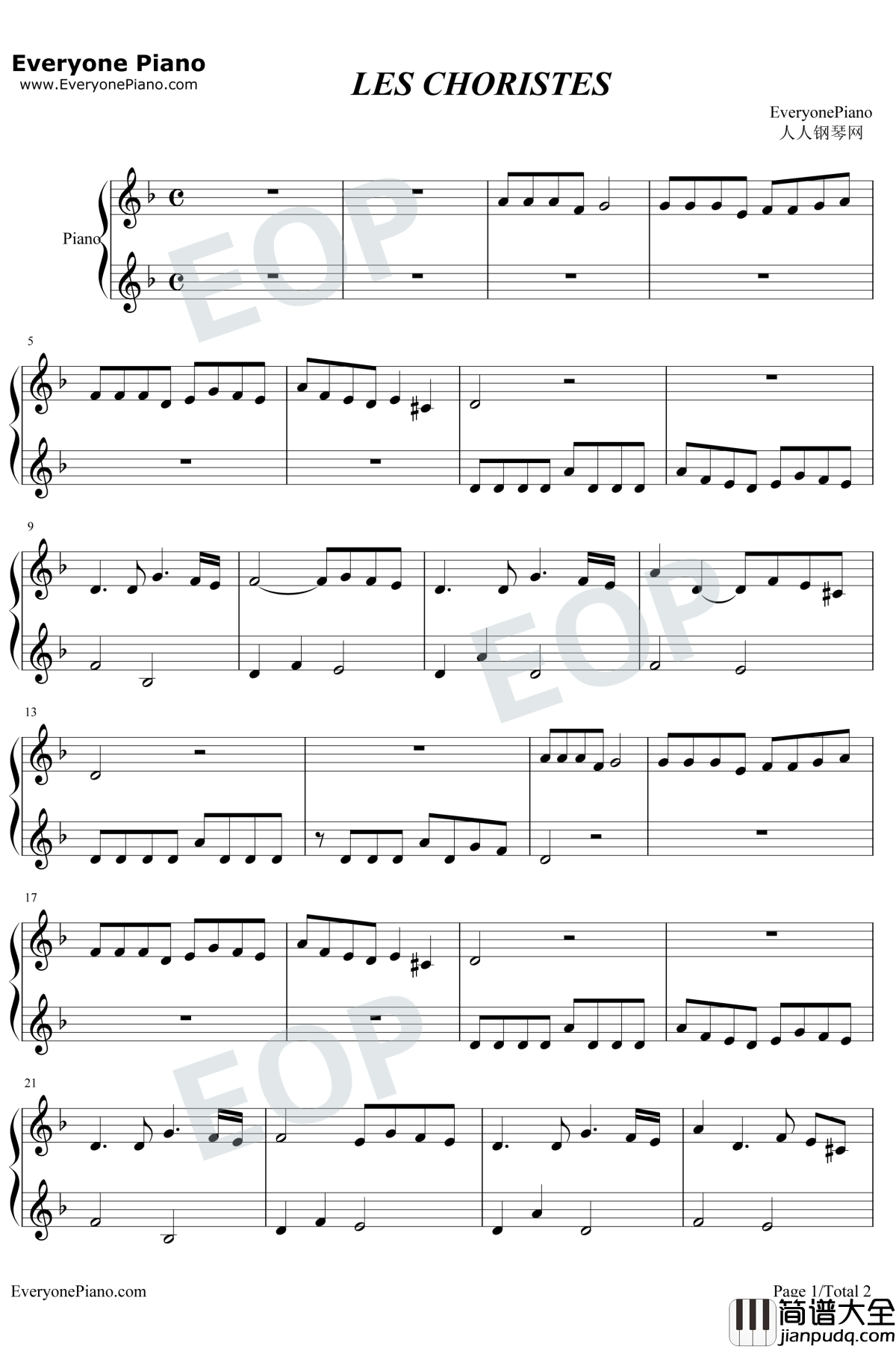 Les_Choristes钢琴谱_Bruno_Coulais