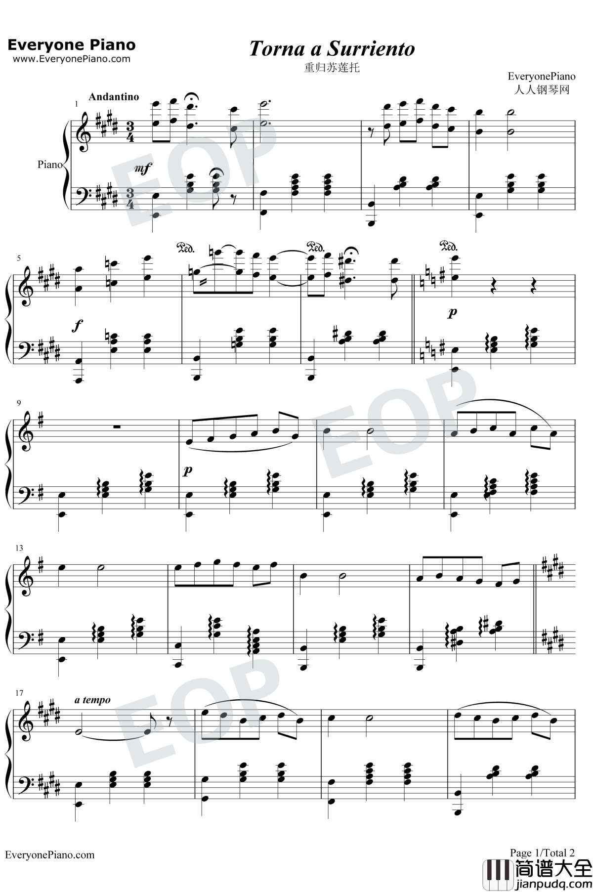 重归苏莲托钢琴谱_埃尔内斯托·第·库尔蒂斯