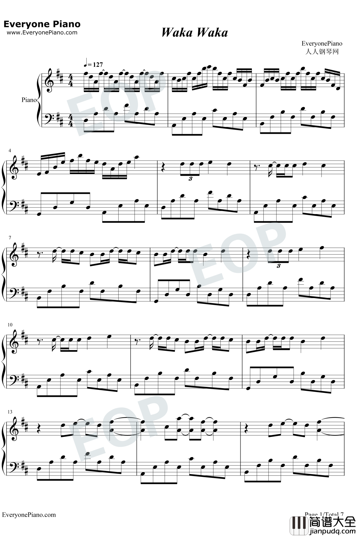 Waka_Waka钢琴谱_Shakira