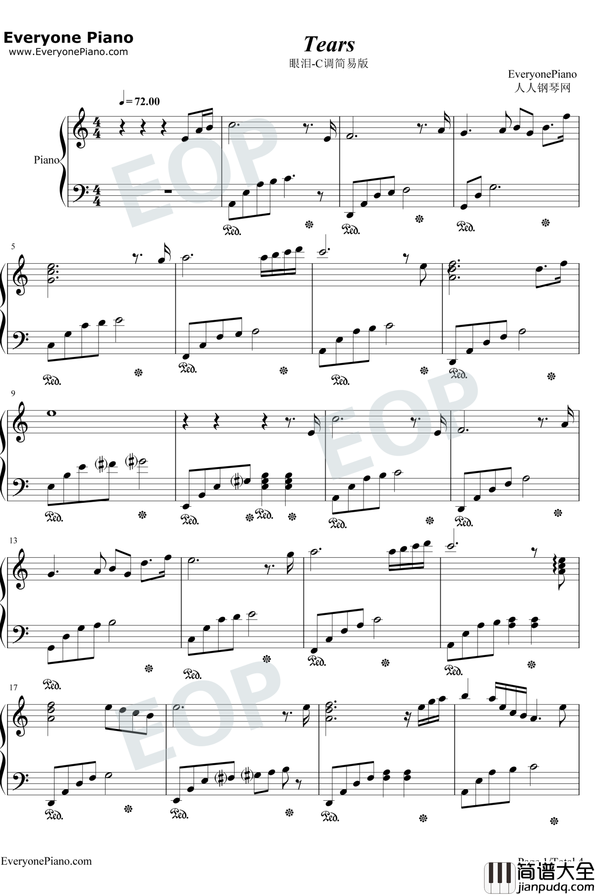 Tears钢琴谱_The_Daydream_眼泪_C调简易版