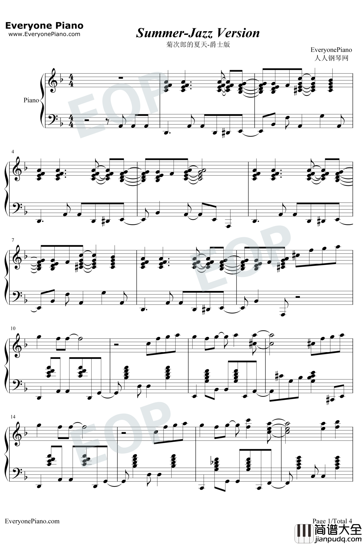 Summer爵士版钢琴谱_久石让