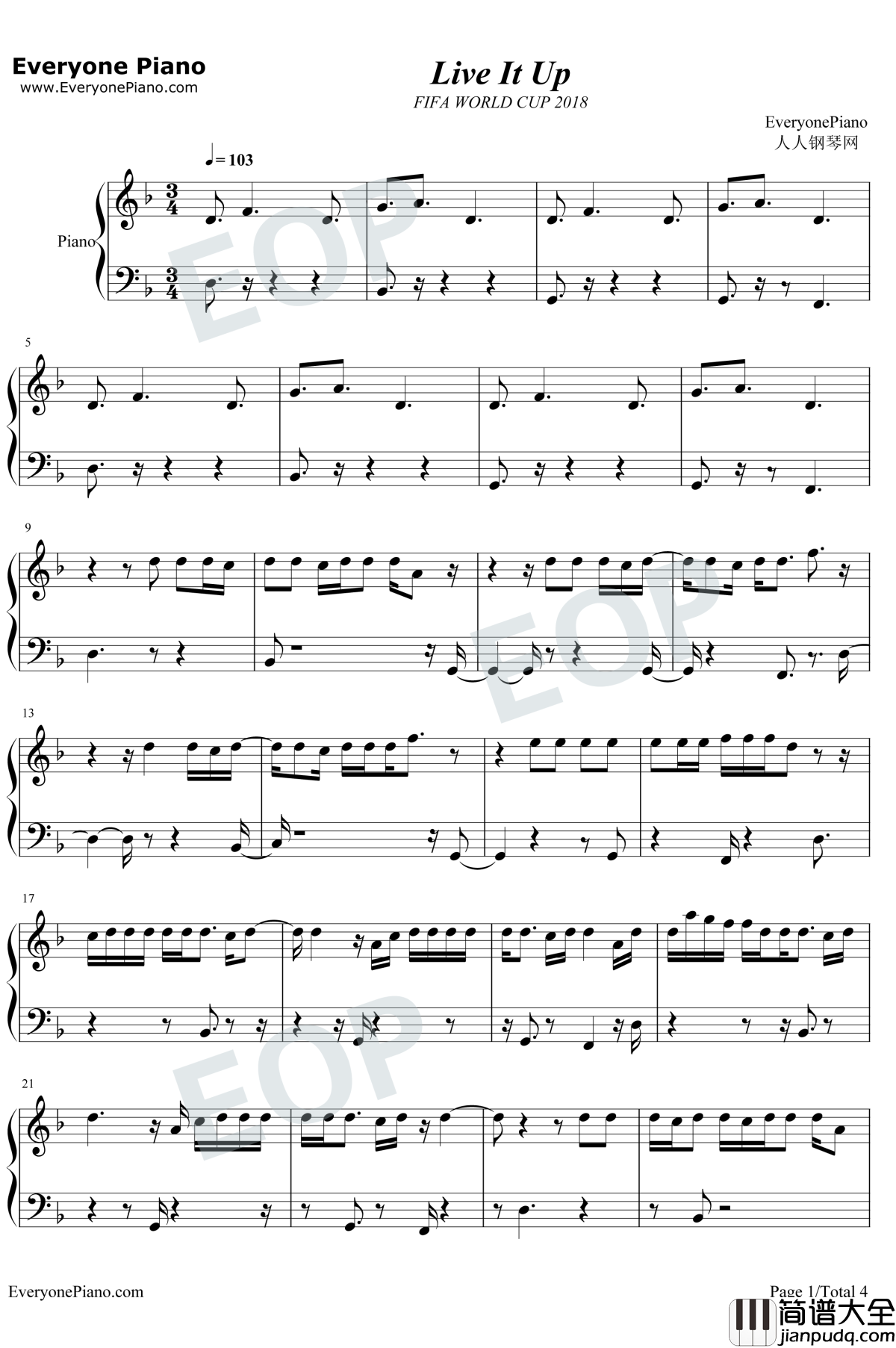 Live_It_Up钢琴谱_Nicky_Jam_/_Will_Smith_/_Era_Istrefi