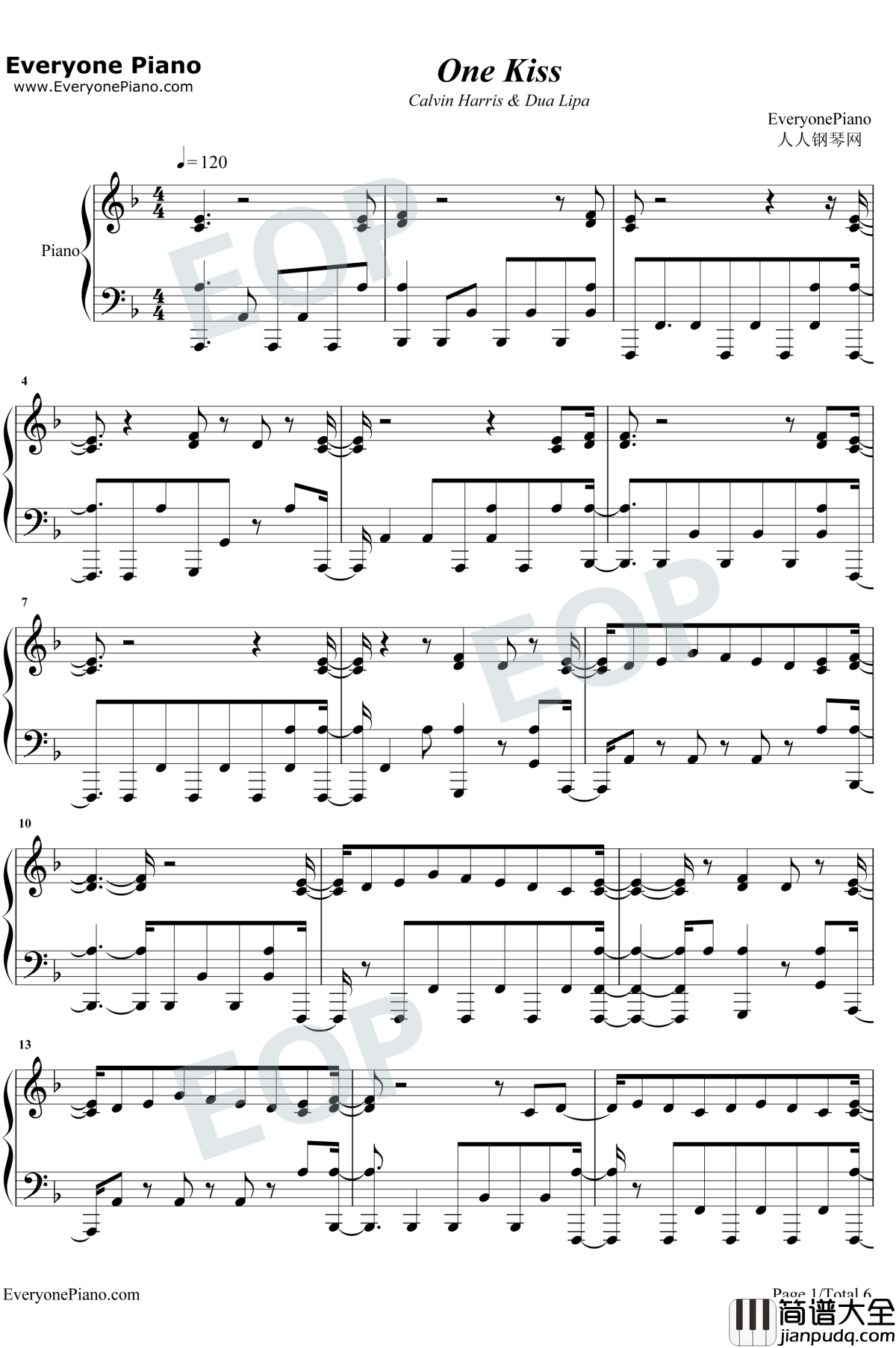 One_Kiss钢琴谱_Calvin_Harris_/_Dua_Lipa