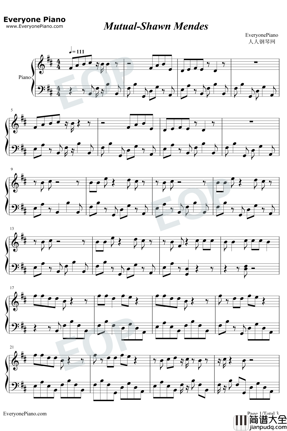 Mutual钢琴谱_Shawn_Mendes