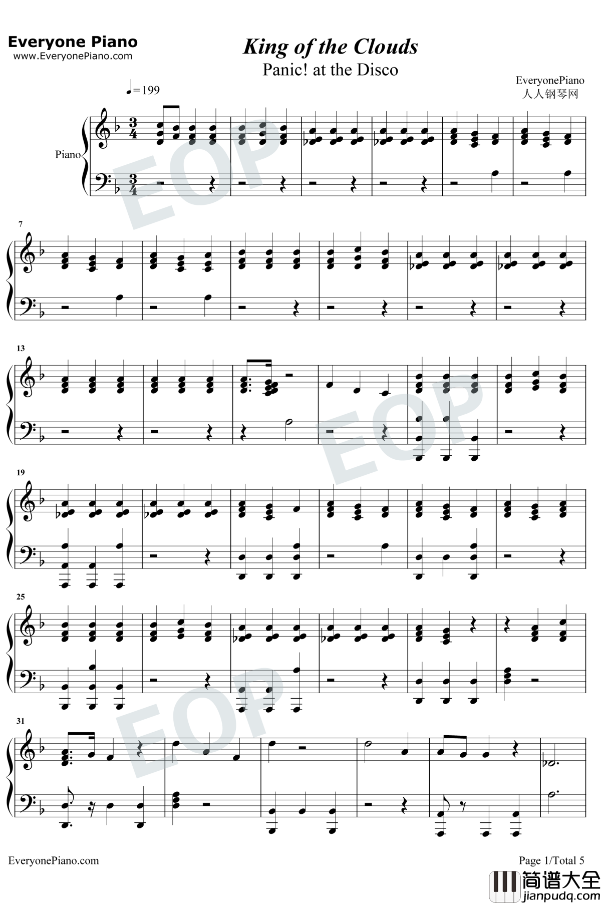 King_of_the_Clouds钢琴谱_Panic!_at_the_Disco