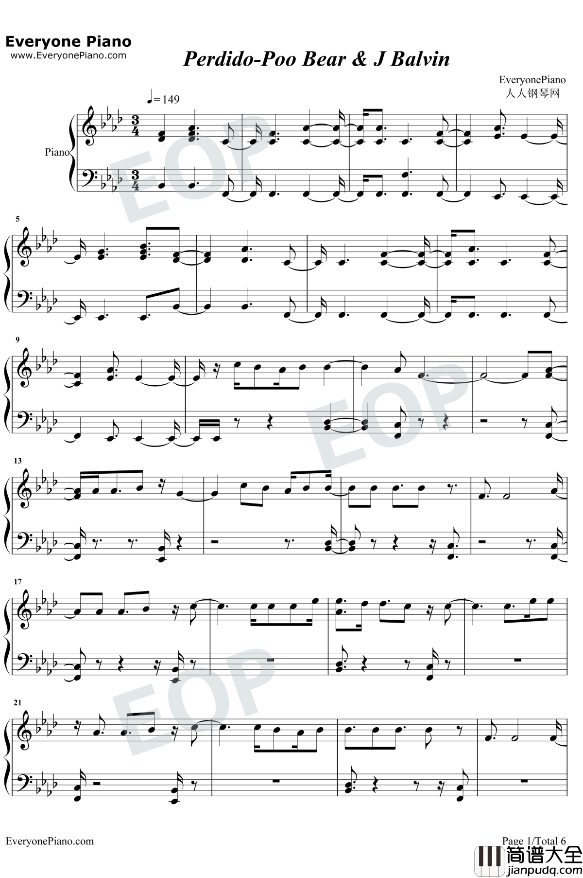 Perdido钢琴谱_Poo_Bear_/_J_Balvin