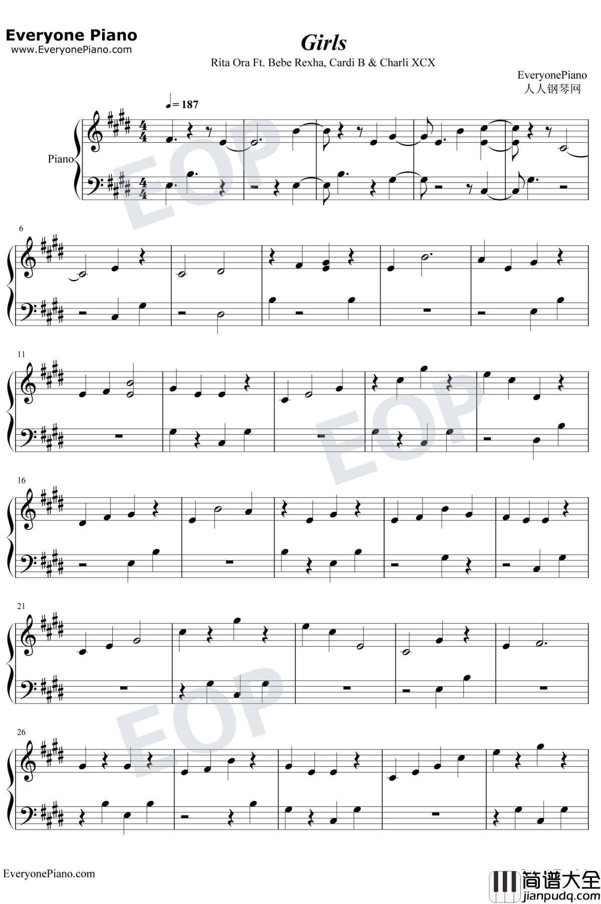 Girls钢琴谱_Rita_Ora