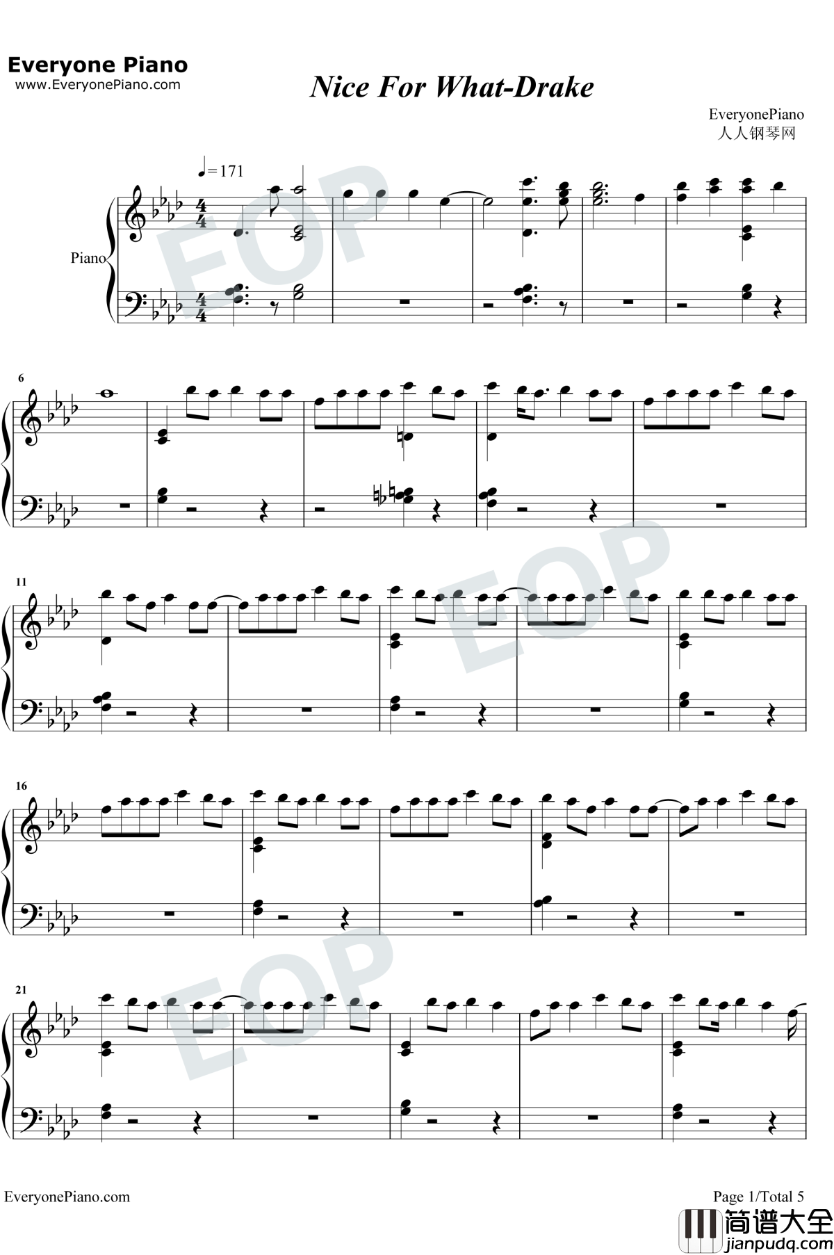 Nice_For_What钢琴谱_Drake