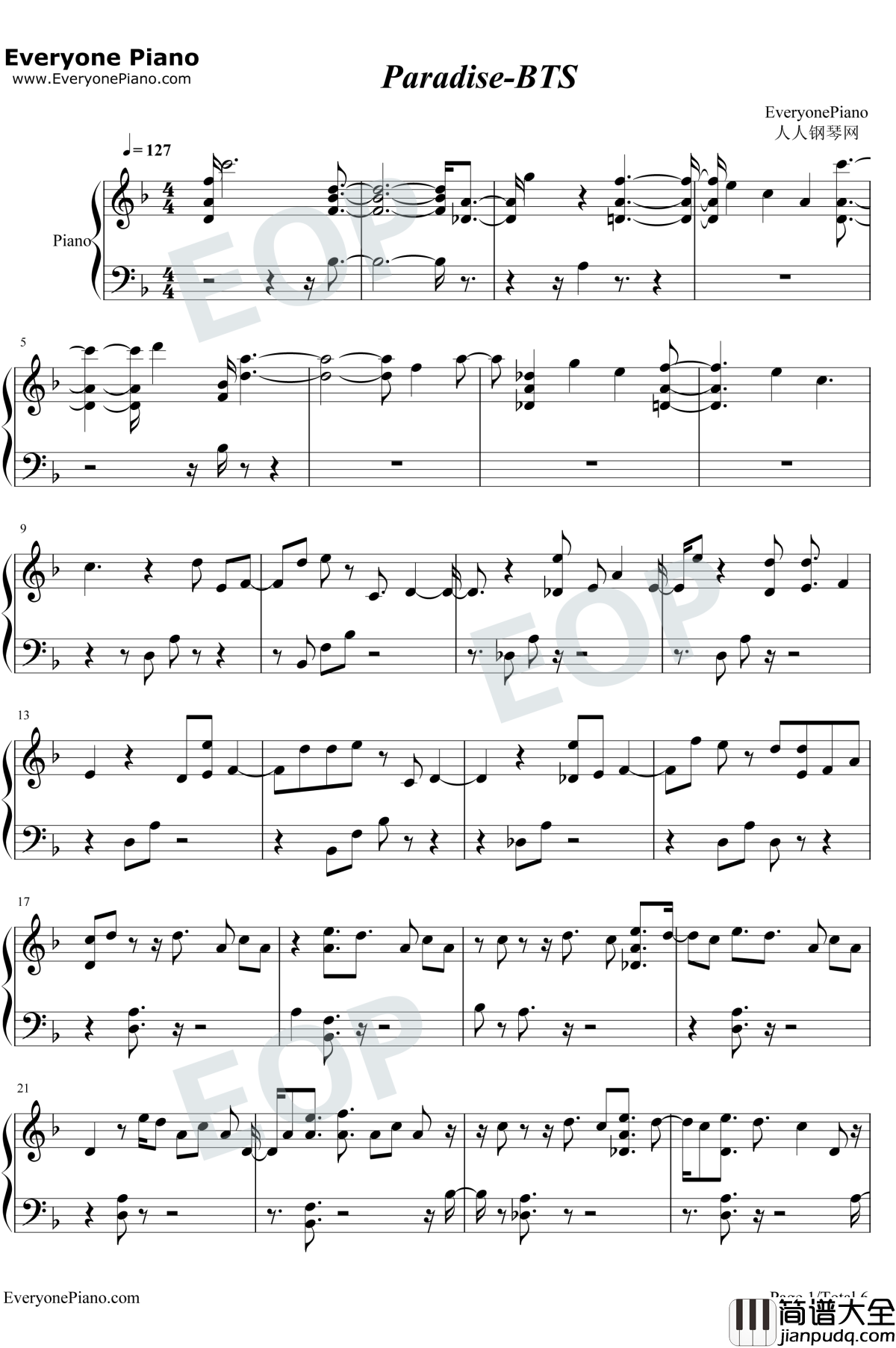 Paradise钢琴谱_防弹少年团