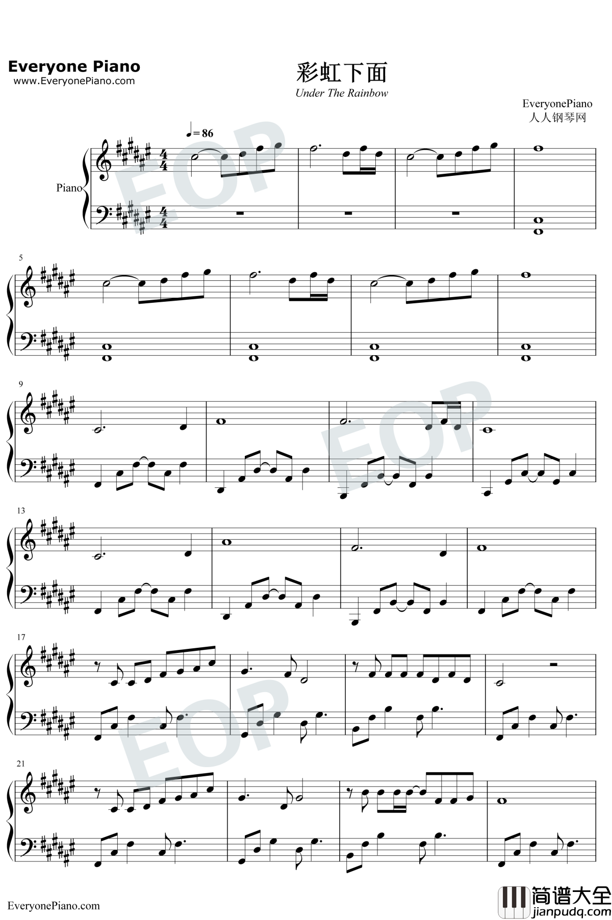 彩虹下面钢琴谱_赵雷_西虹市首富推广曲
