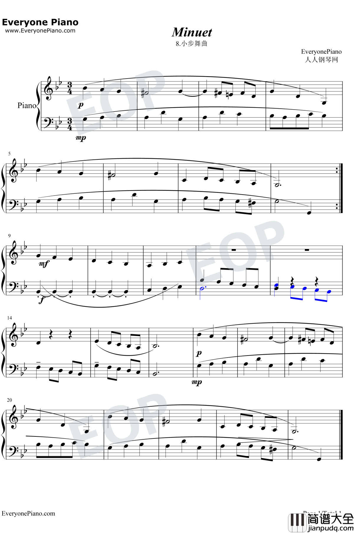小步舞曲8钢琴谱_巴赫