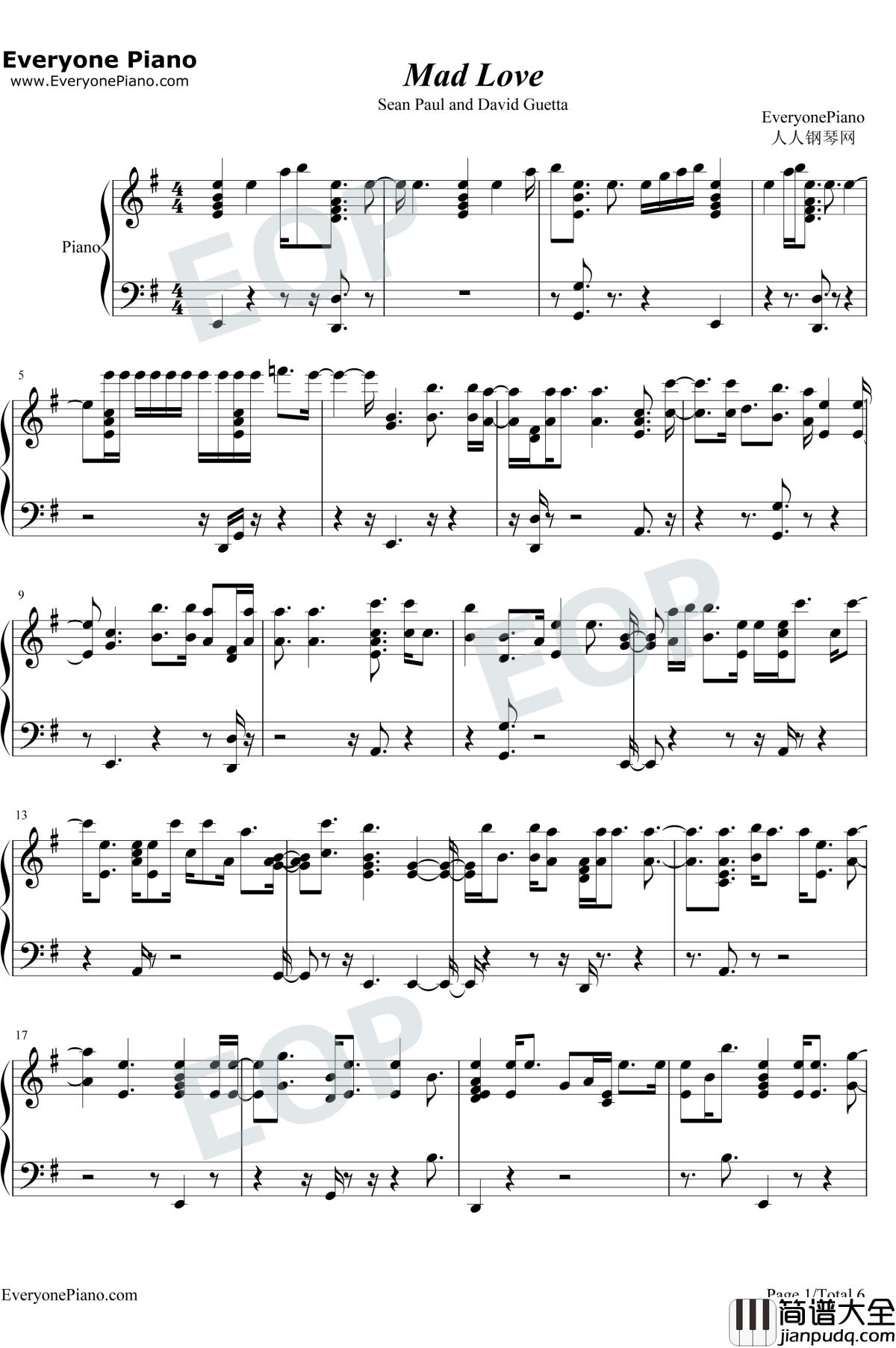 Mad_Love钢琴谱_Sean_Paul_/_David_Guetta_/_Becky_G