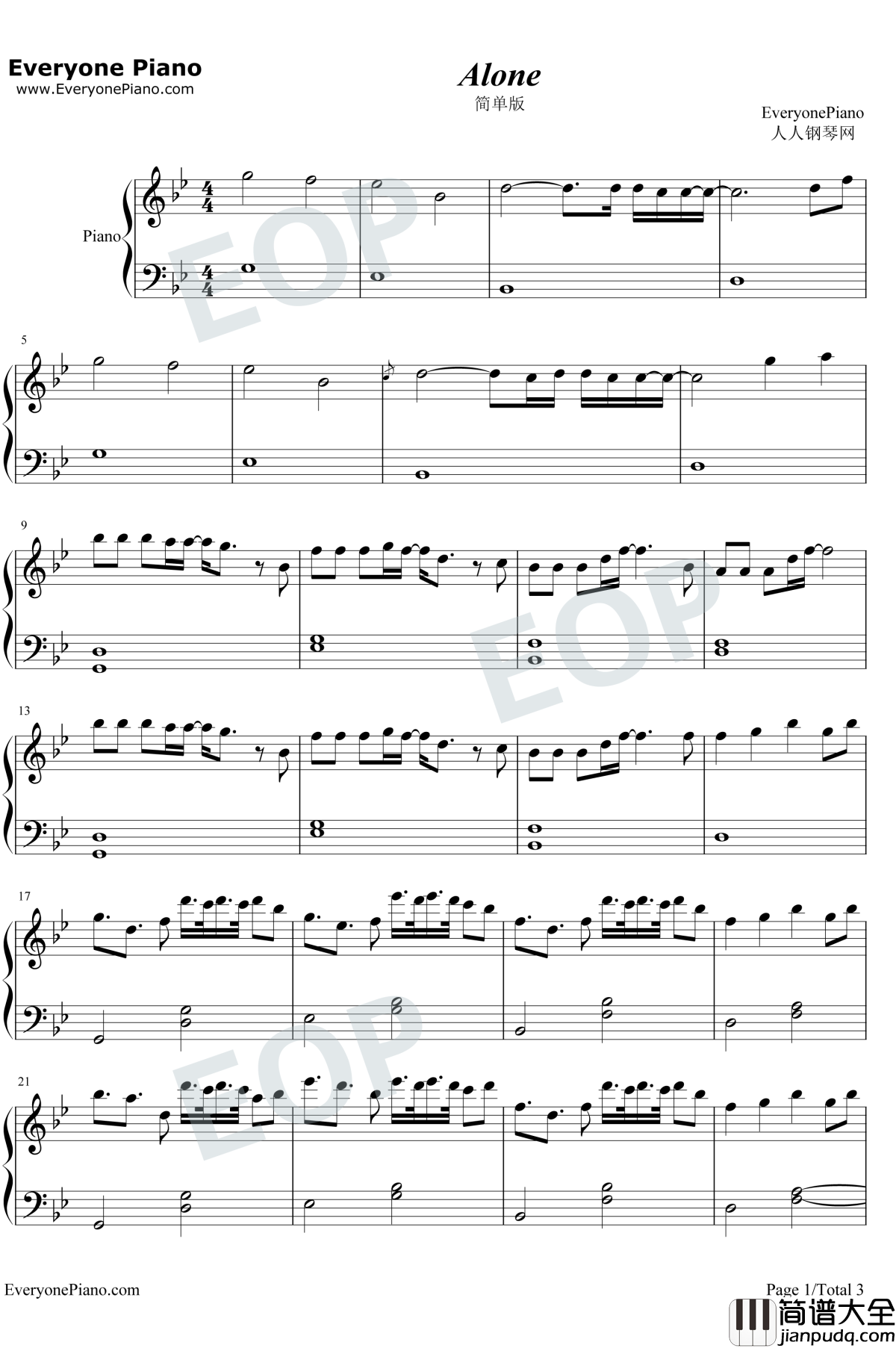 Alone简单版钢琴谱_Alan_Walker