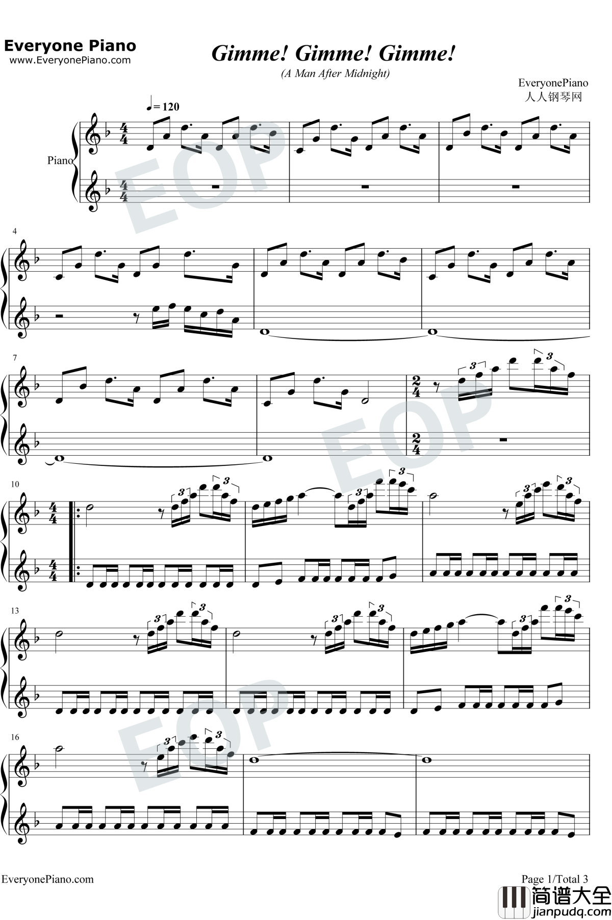 Gimme!Gimme!Gimme!(AManAfterMidnight)钢琴谱_CherABBA_Gimme!Gimme!Gimme!(AManAfterMidnight)