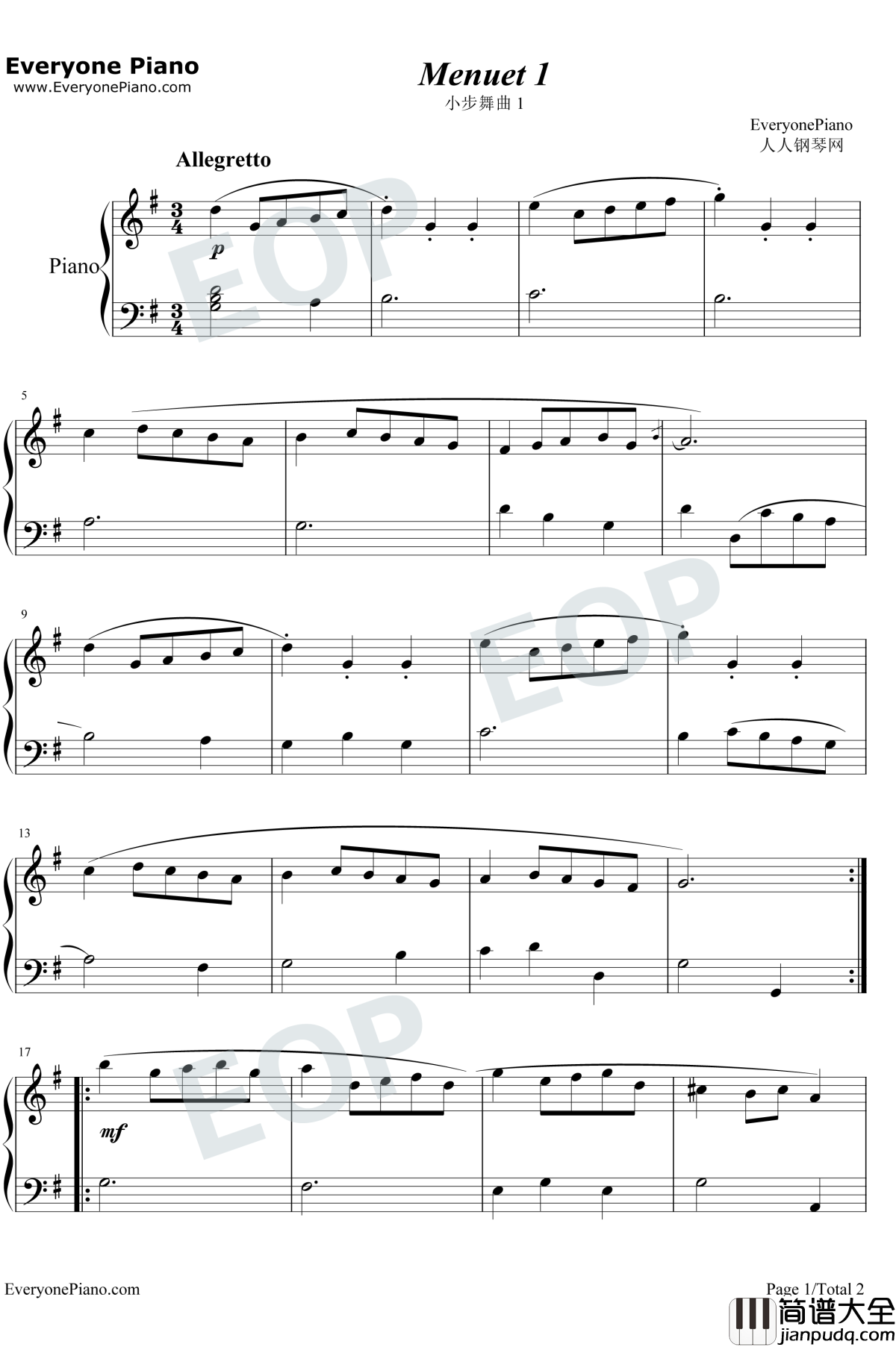 小步舞曲1钢琴谱_巴赫_Minuet1