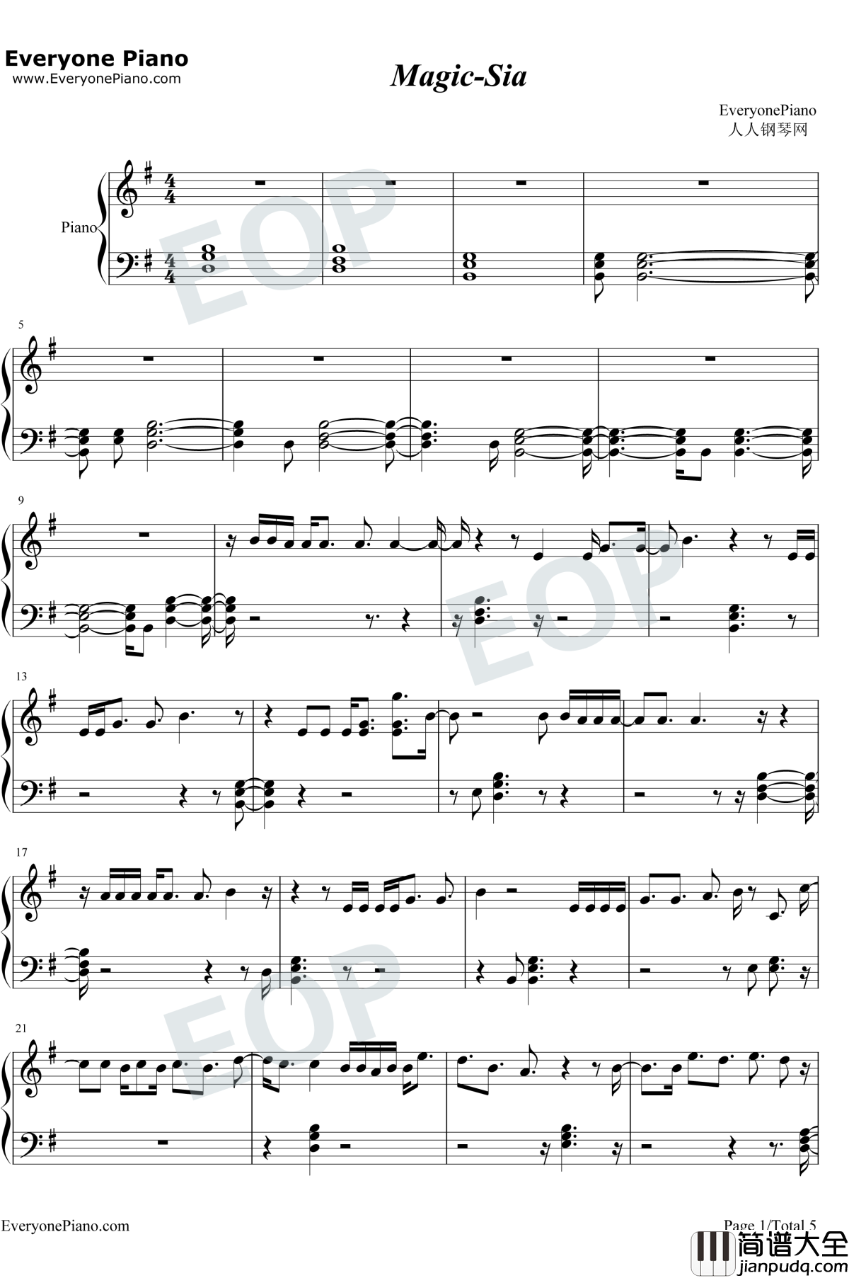Magic钢琴谱_Sia