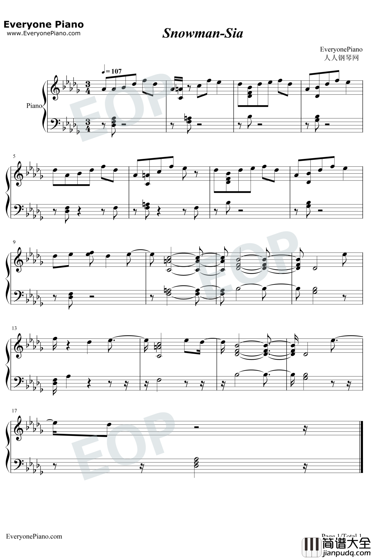 Snowman钢琴谱_Sia