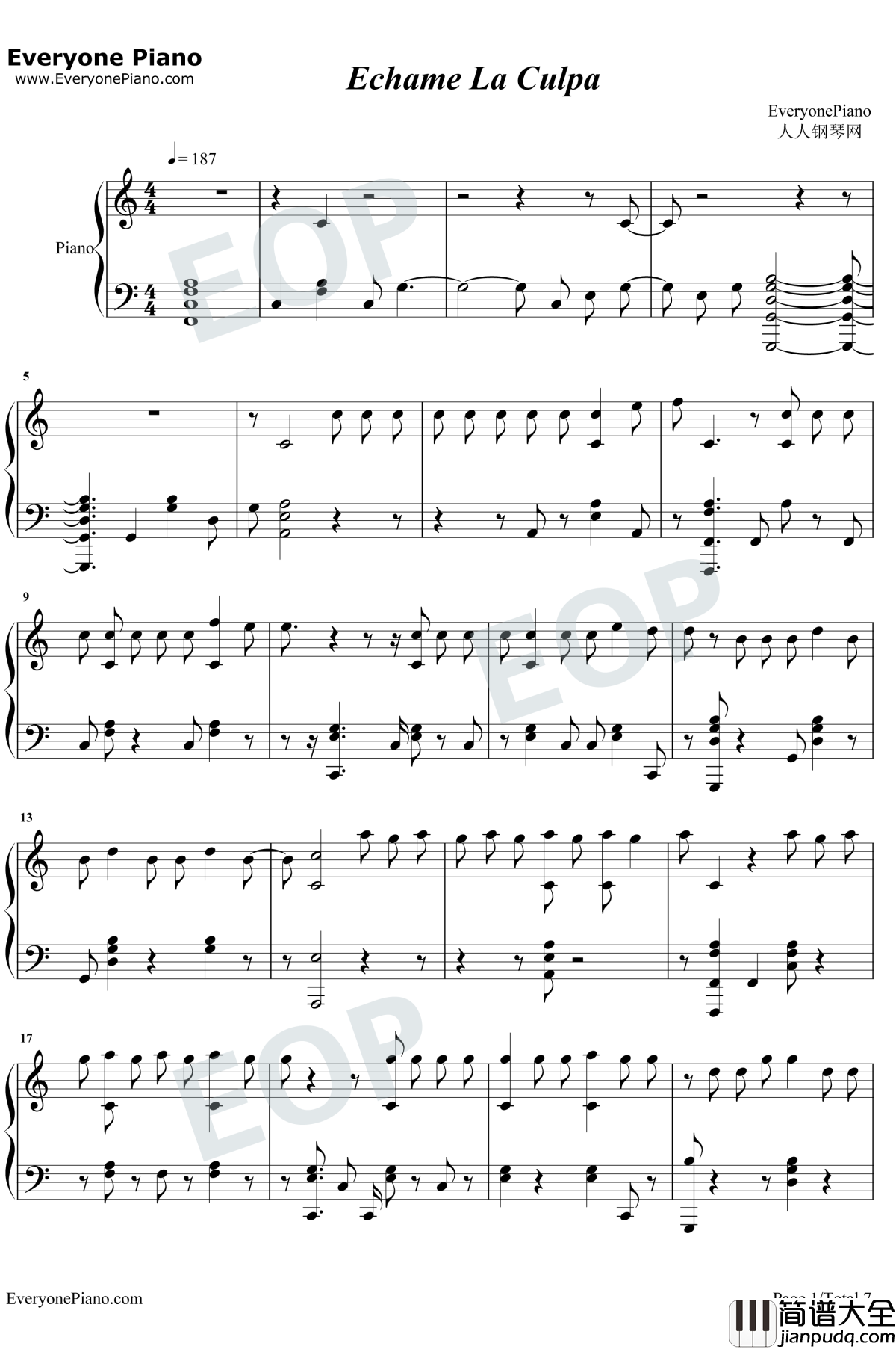 Échame_La_Culpa钢琴谱_Luis_Fonsi_/_Demi_Lovato