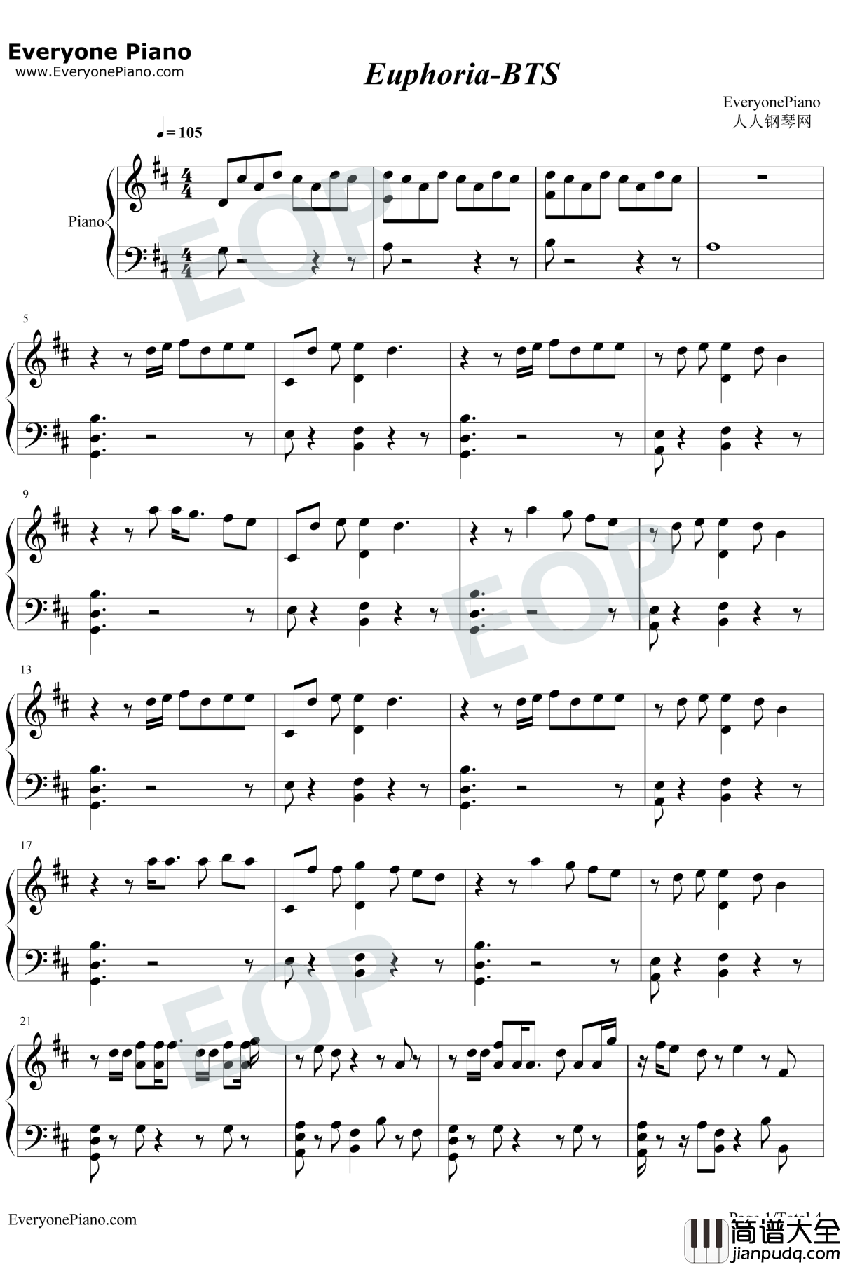 Euphoria钢琴谱_防弹少年团