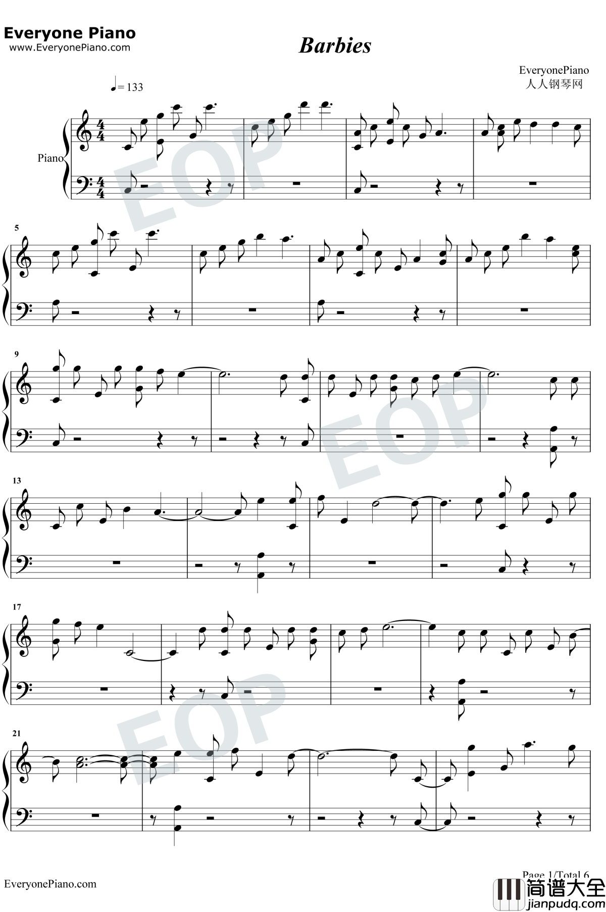 Barbies钢琴谱_Pink