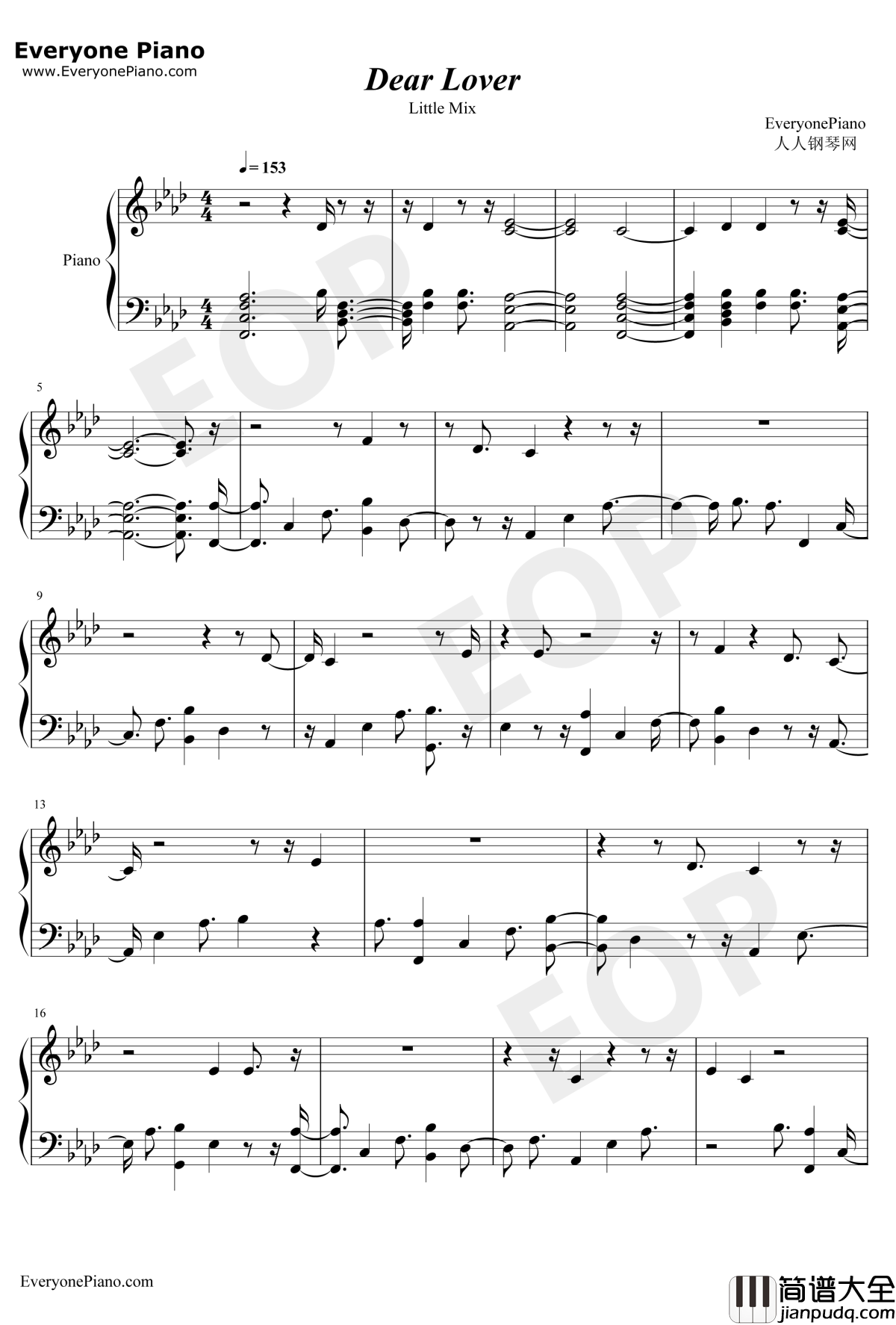 DearLover钢琴谱_LittleMix_LittleMix