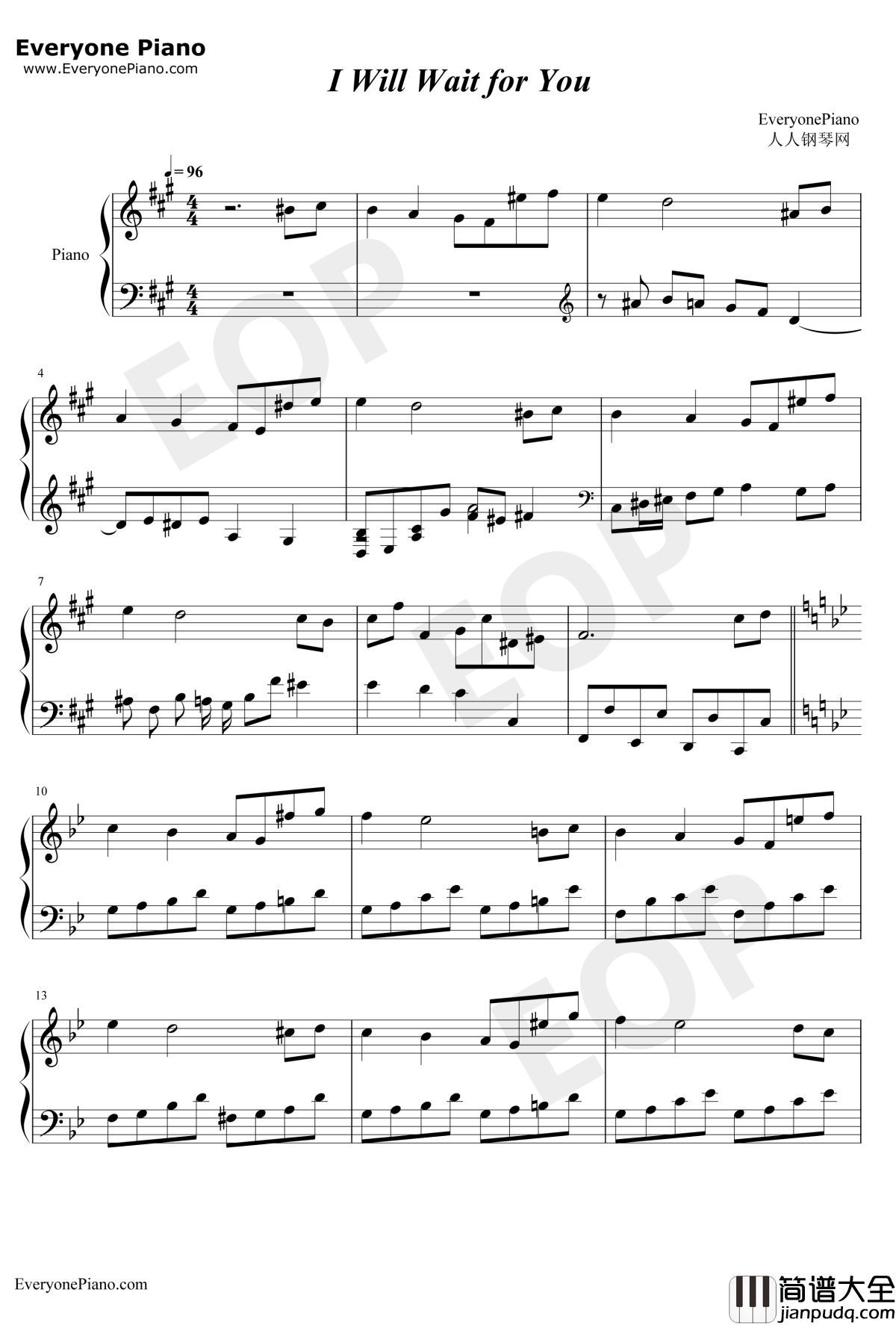 I_Will_Wait_For_You钢琴谱_MichelLegrand_瑟堡的雨伞主题曲