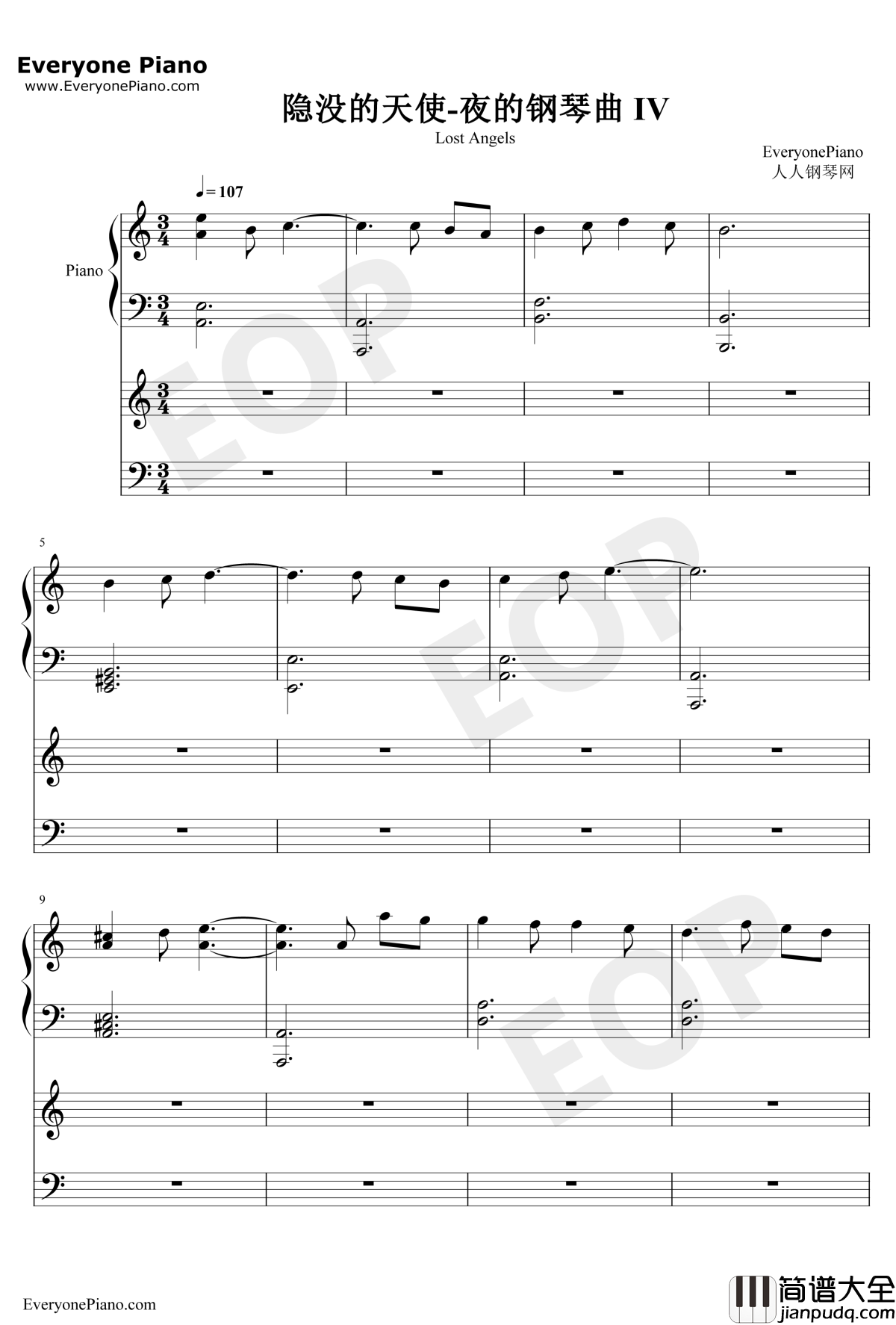 隐没的天使钢琴谱_石进_夜的钢琴曲IV