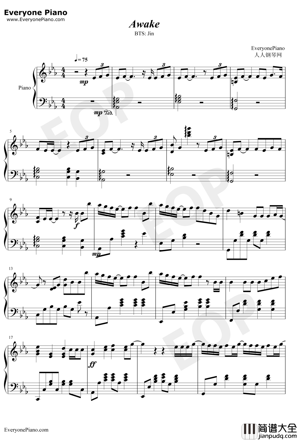 Awake钢琴谱_金硕珍防弹少年团