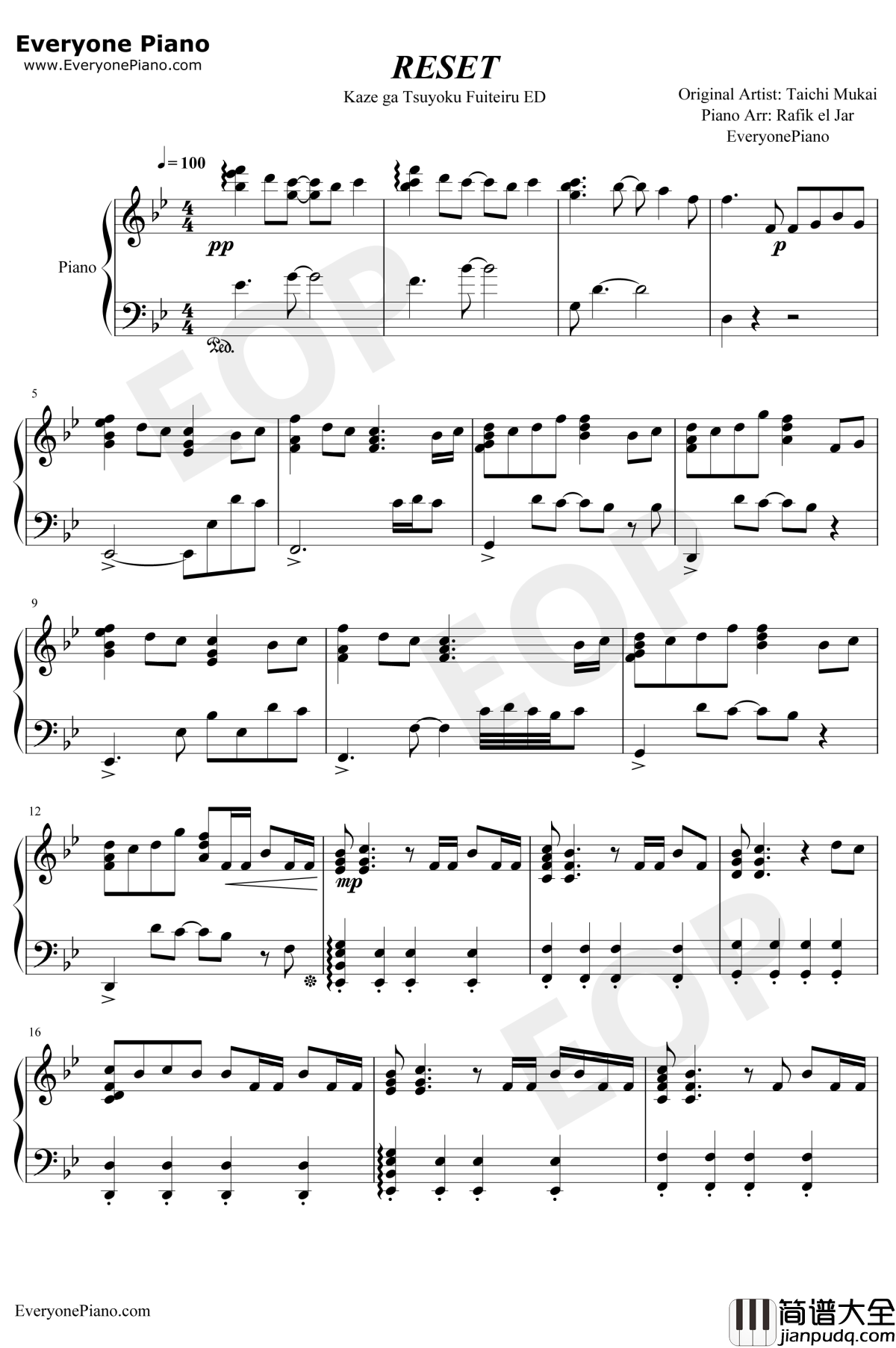 リセット钢琴谱_向井太一_强风吹拂ED